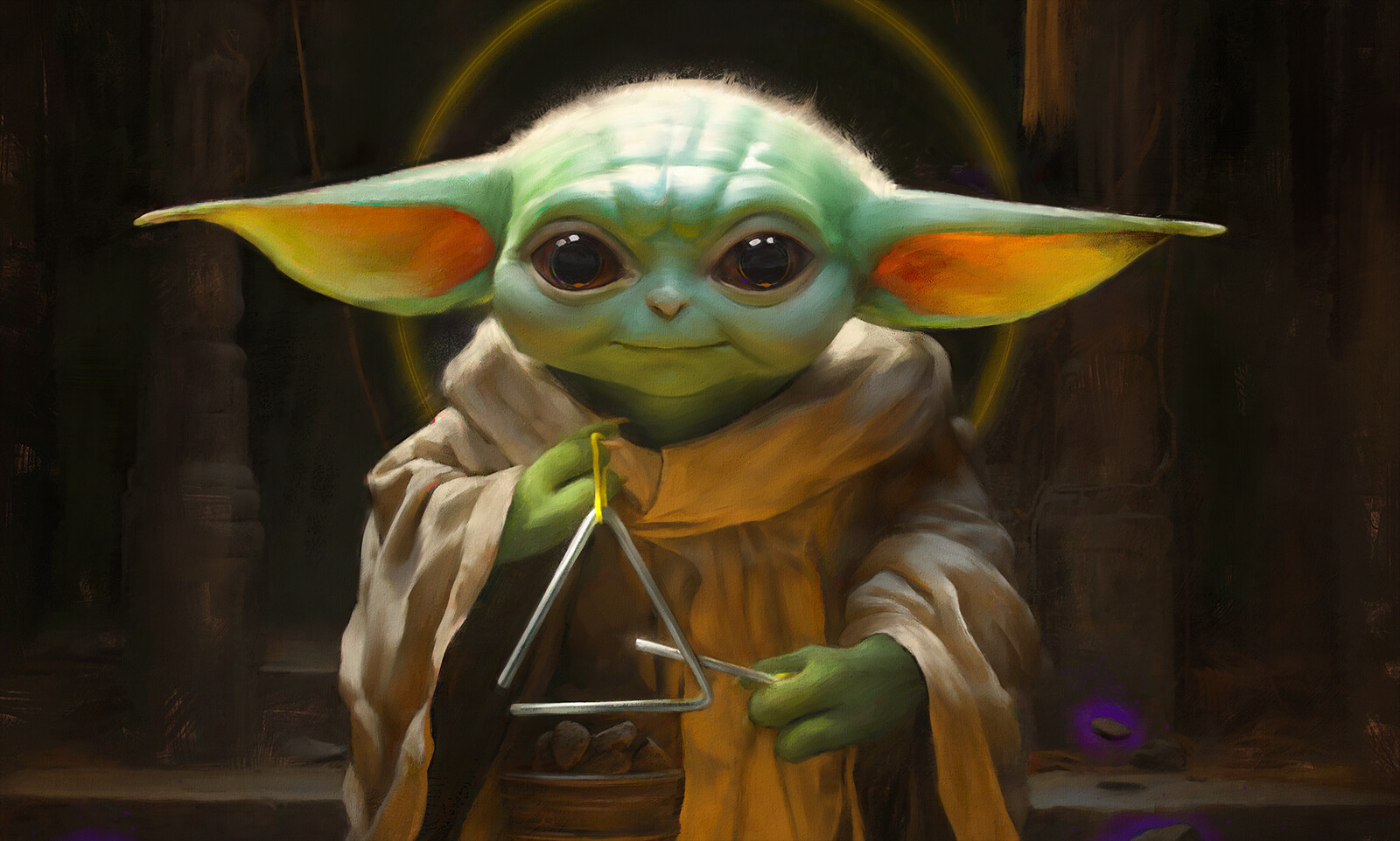Grogu playing the Triangle Bell - Close-Up