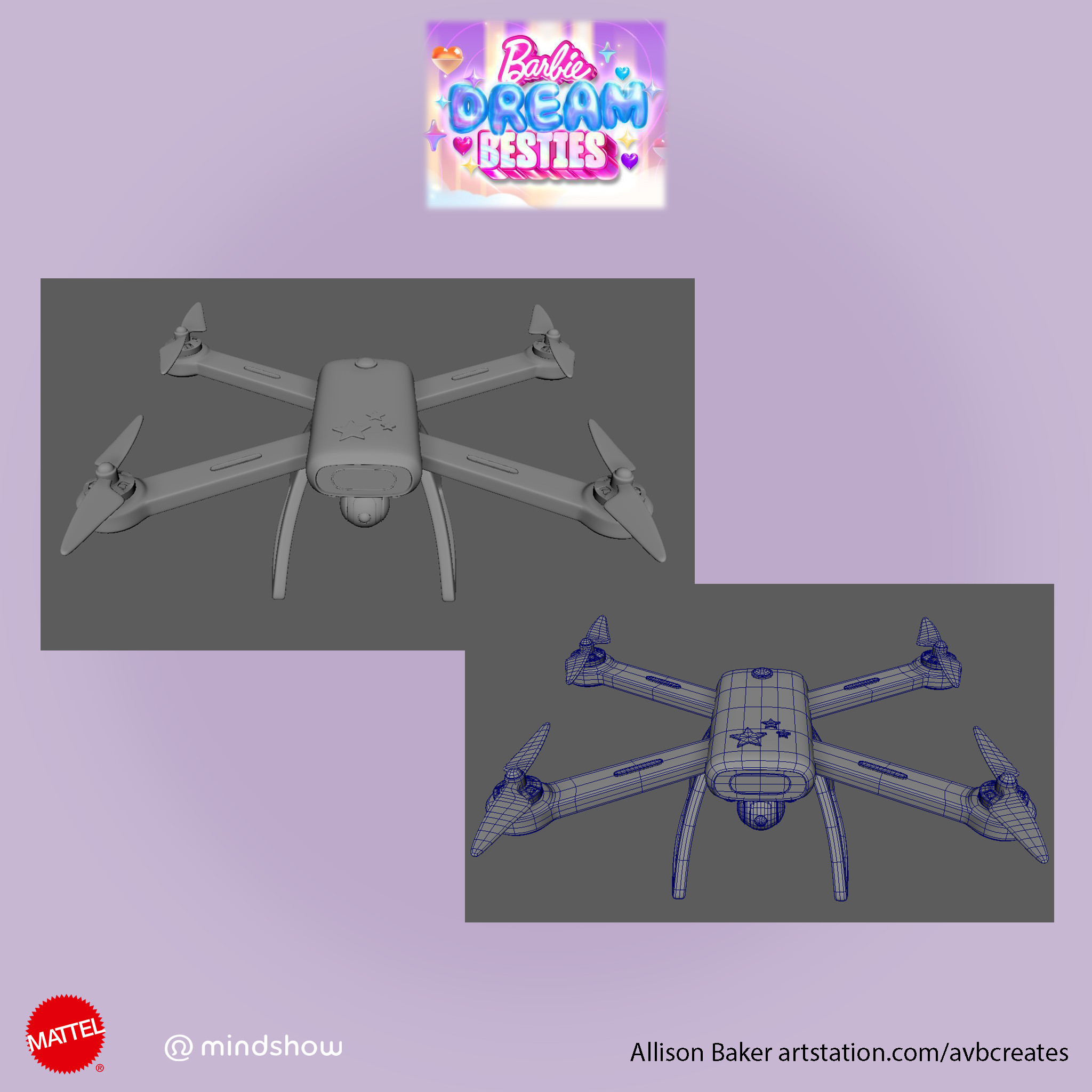 Drone model and wireframe, in Maya