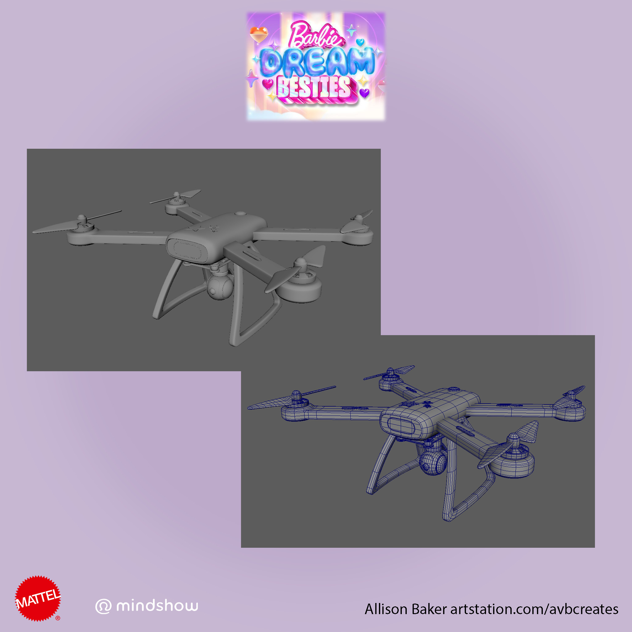Drone model and wireframe, in Maya
