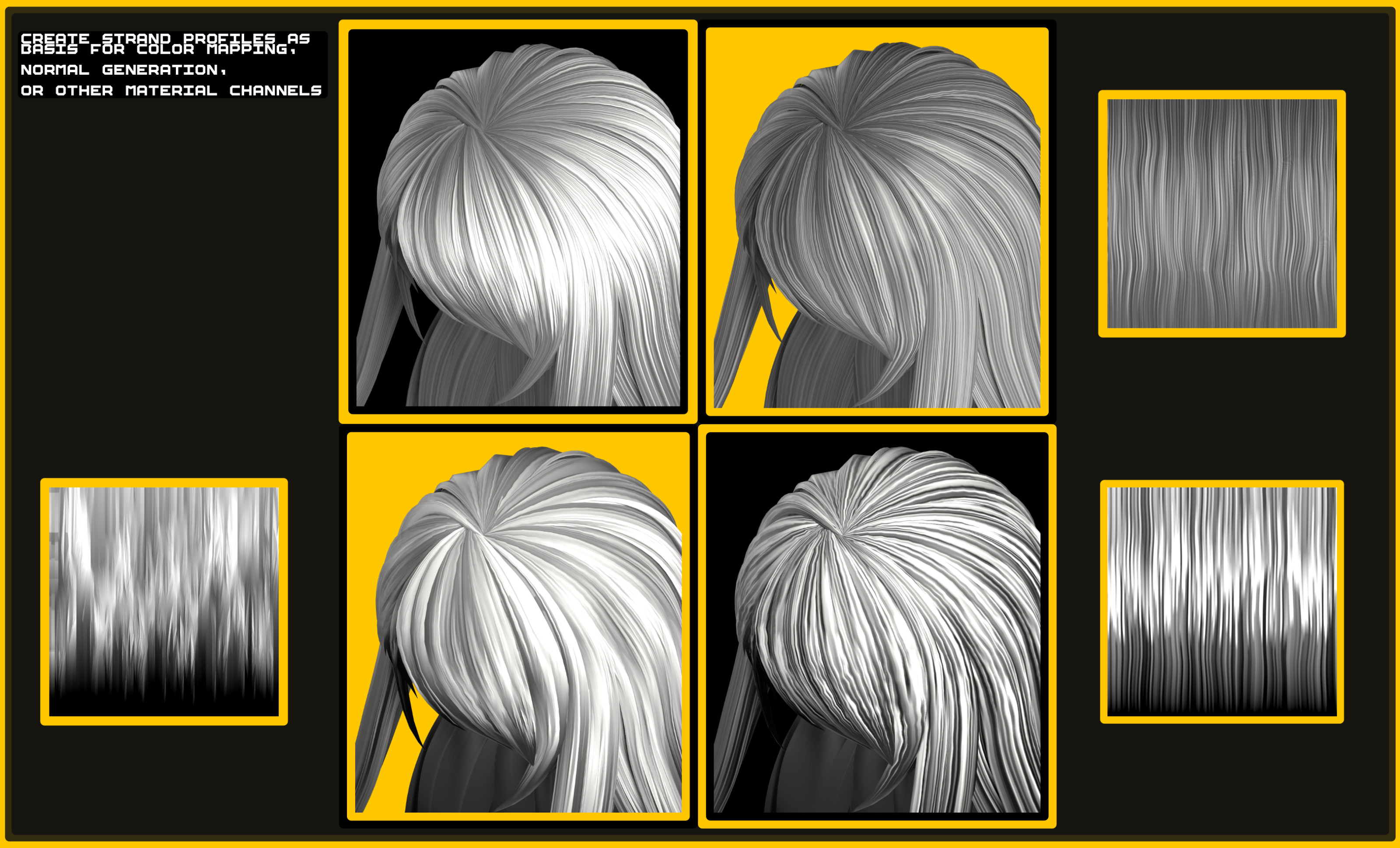 The idea behind the system is simple - generate greyscale data to emulate hair, and base the material operations off of that. 