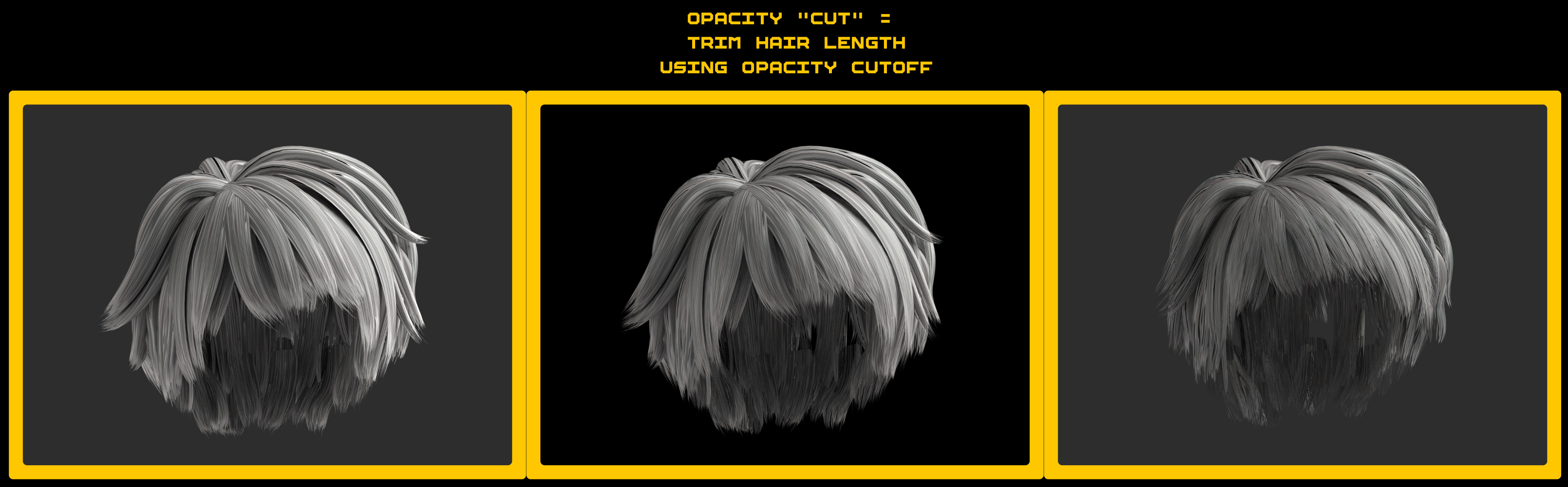 Opacity can be directly affected and "cut", for clipping the end length of the hair to cut down it's visual length, without having to change any mesh data. 