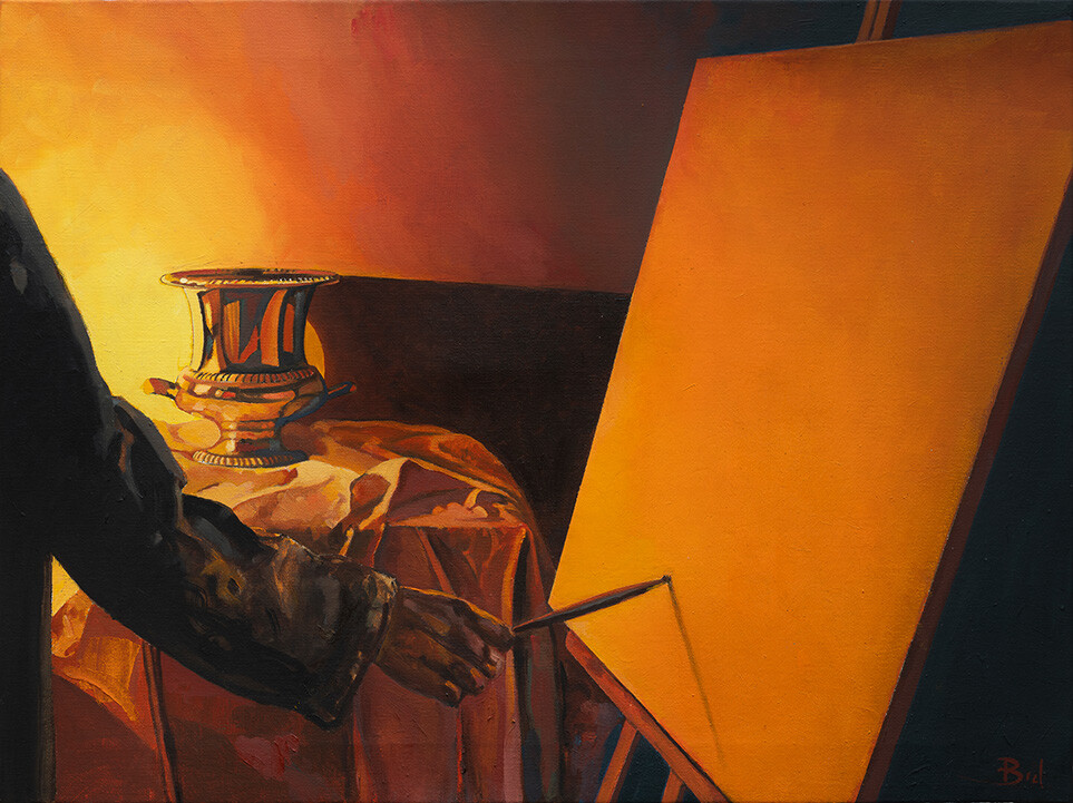 "Pintando la champañera". 46x61cm. Oil on canvas.