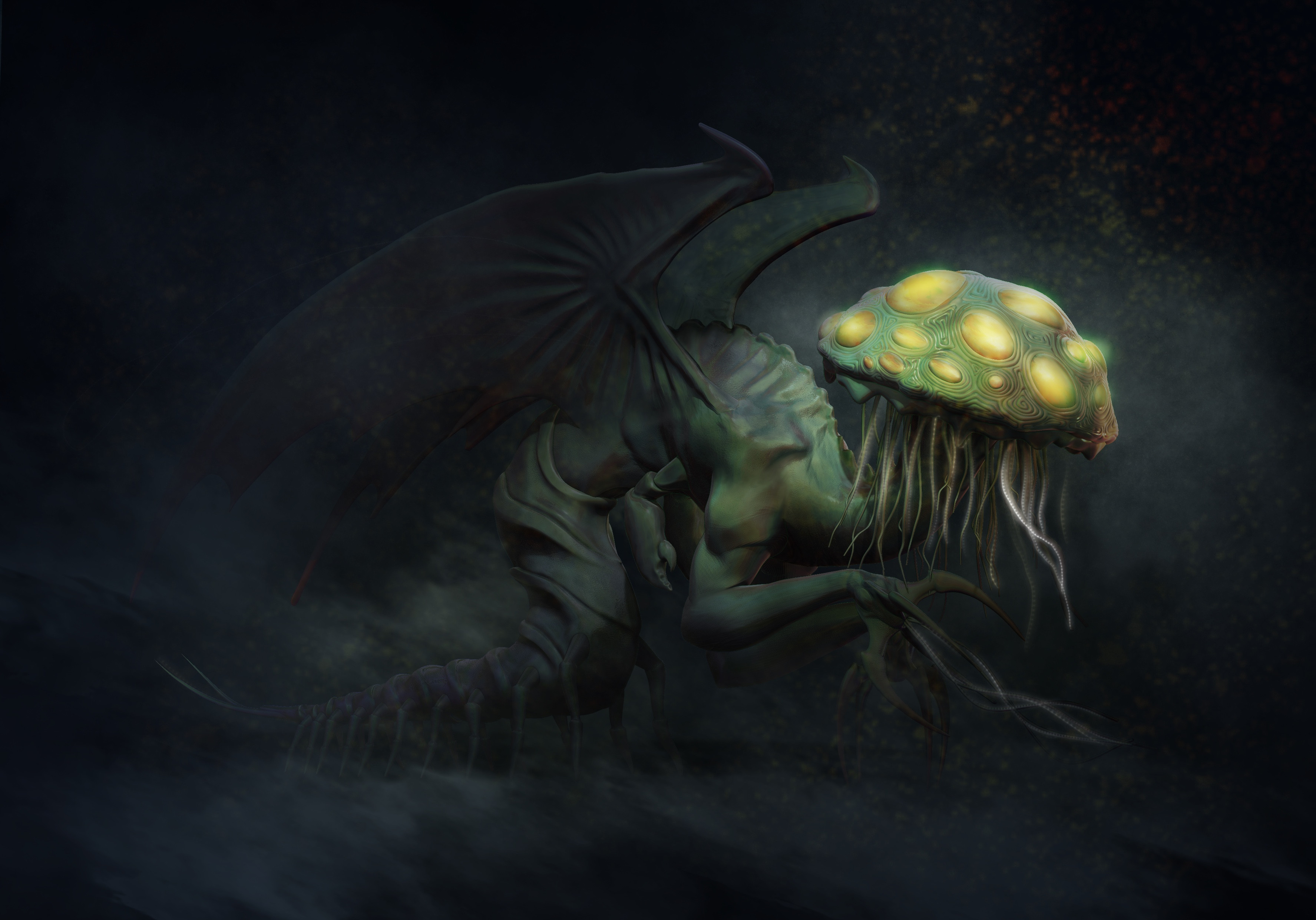 The final render is meant not to define the mMi-Go, but to suggest it, leaving room for the viewer´s mind to complete the horror.