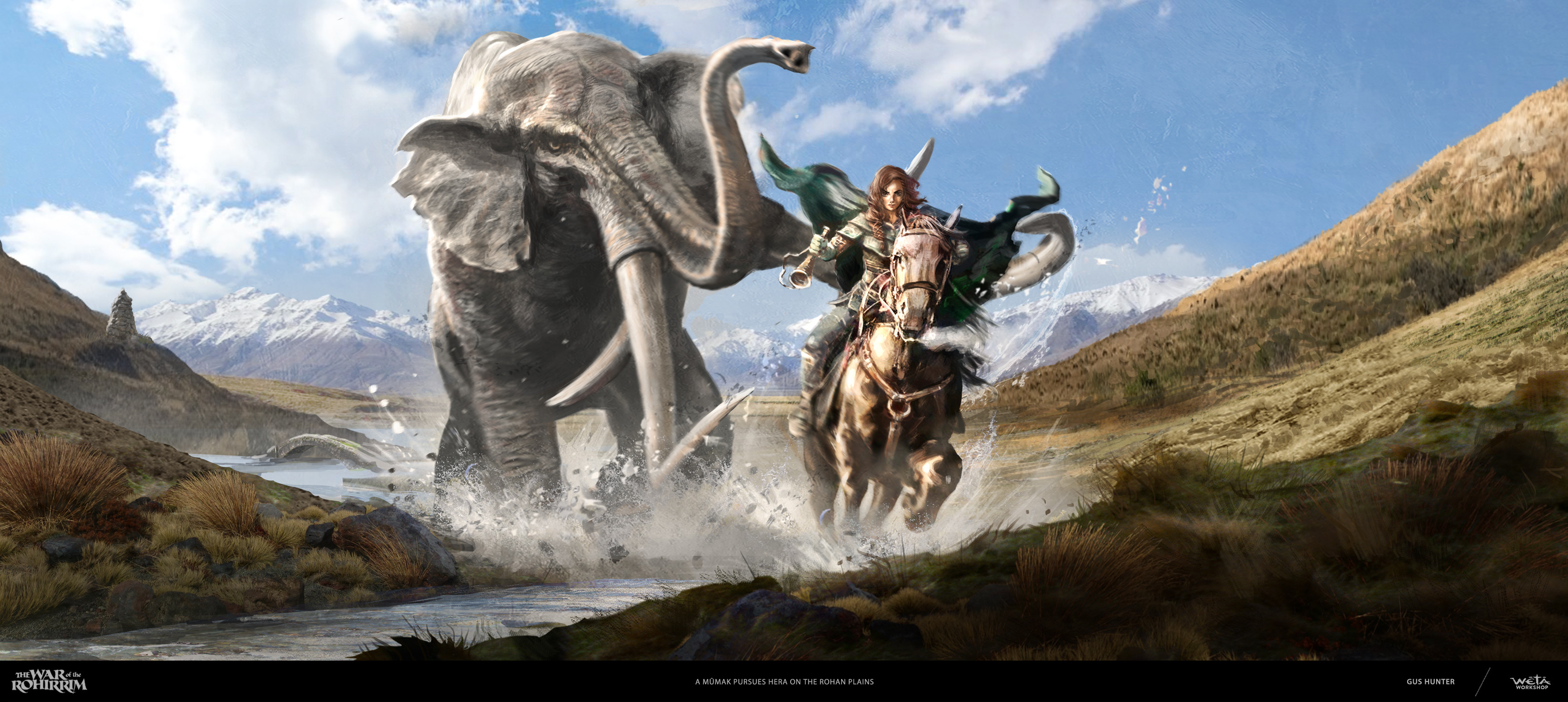 A Mûmak pursues Hera on the Rohan plains.
Artist: Gus Hunter