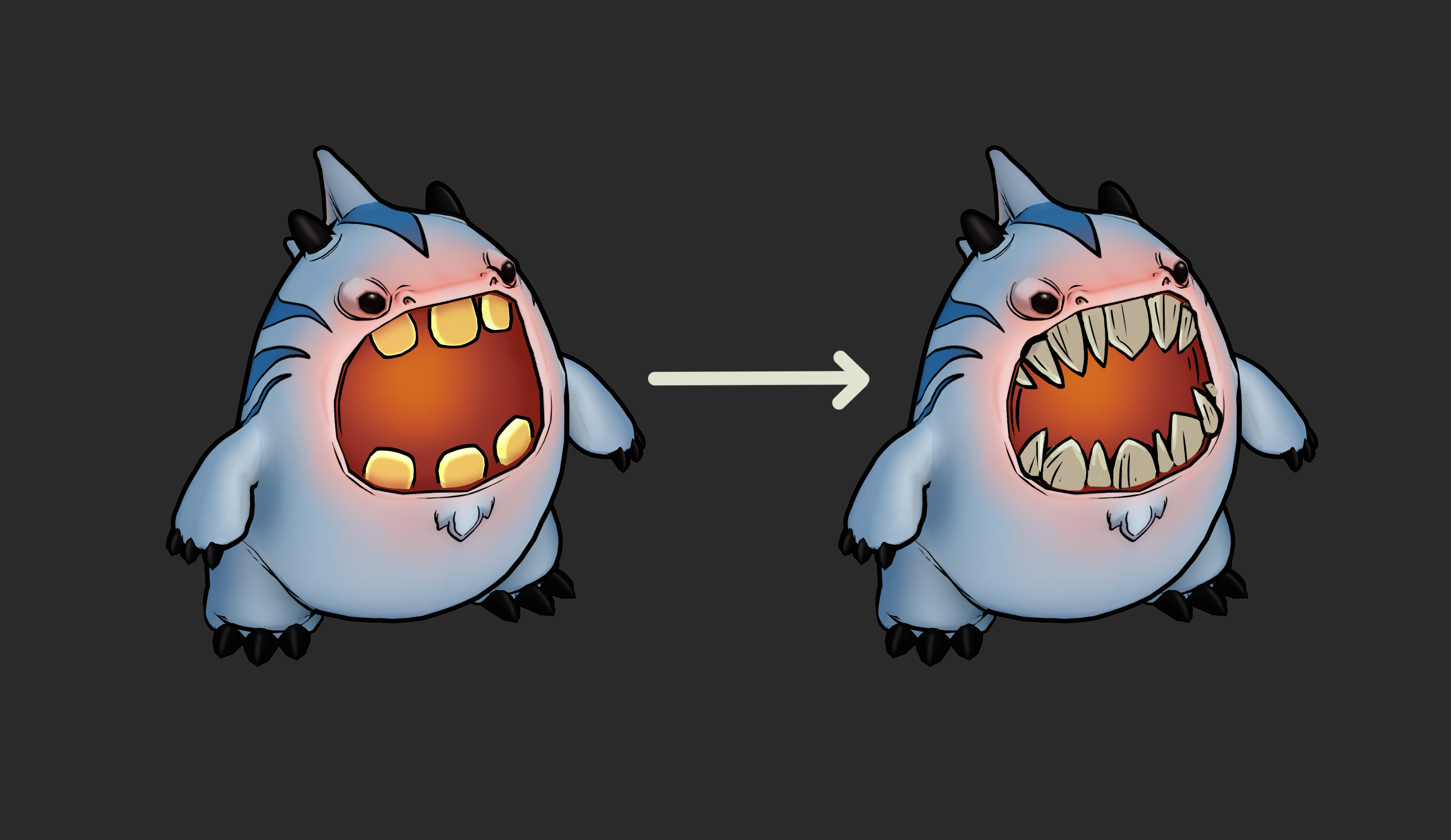 Some people ended up preferring the scarier spiky teeth so we ended up changing Lumivore's base model's teeth