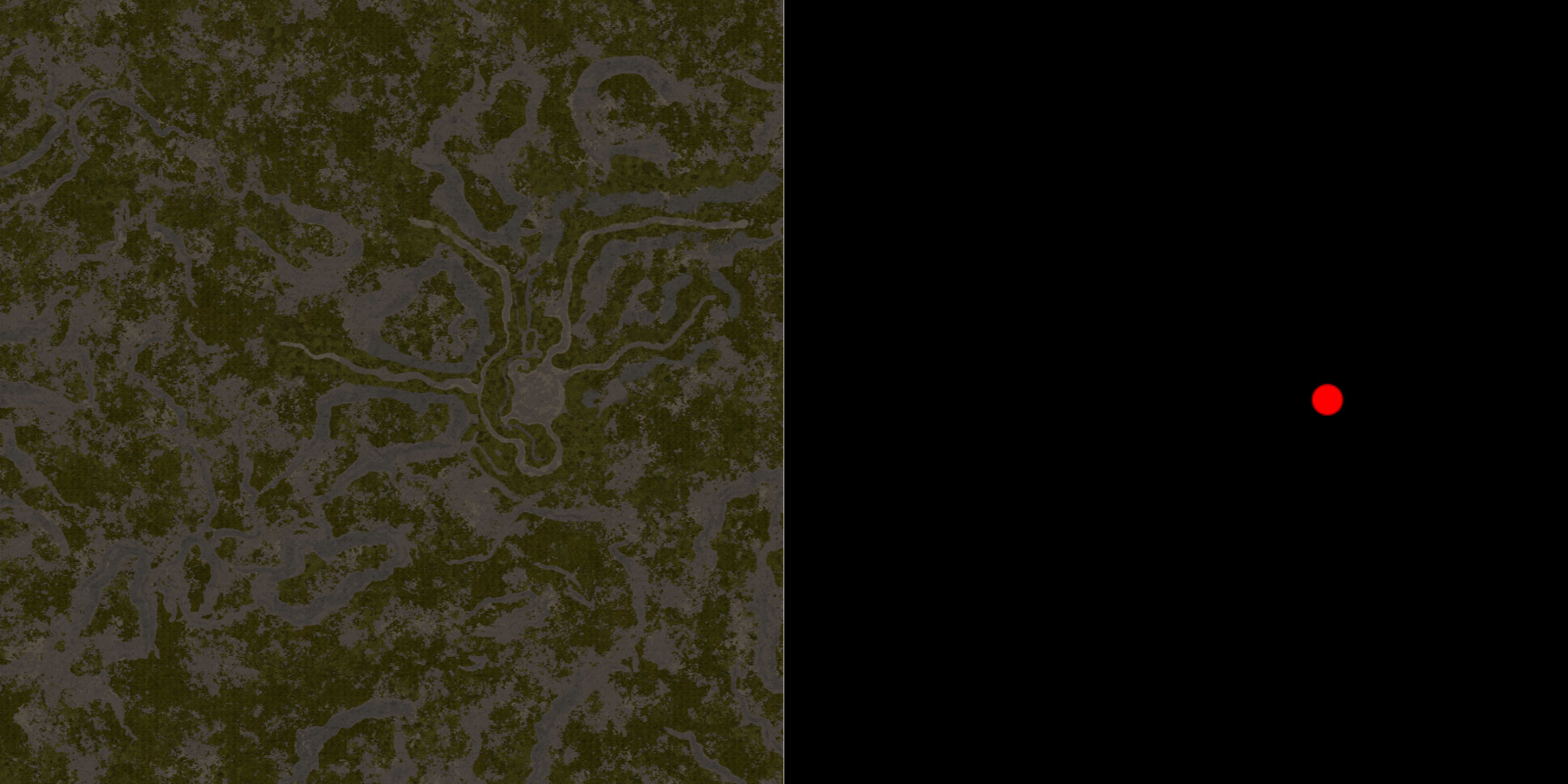 Render targets for the initial overhead capture of the terrain (done one single time, used to tint the fog), and the real-time position of a single player unit (done asynchronously on the GPU and used to punch out the fog density).