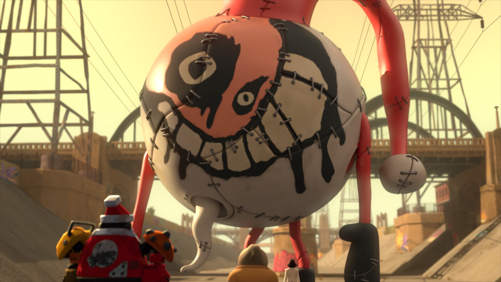 A show still of the Bad Guys' horrible attempt to create a replacement Santa parade balloon they accidentally destroyed.  It was really fun to create this thing of nightmares showing off their bad art skills.