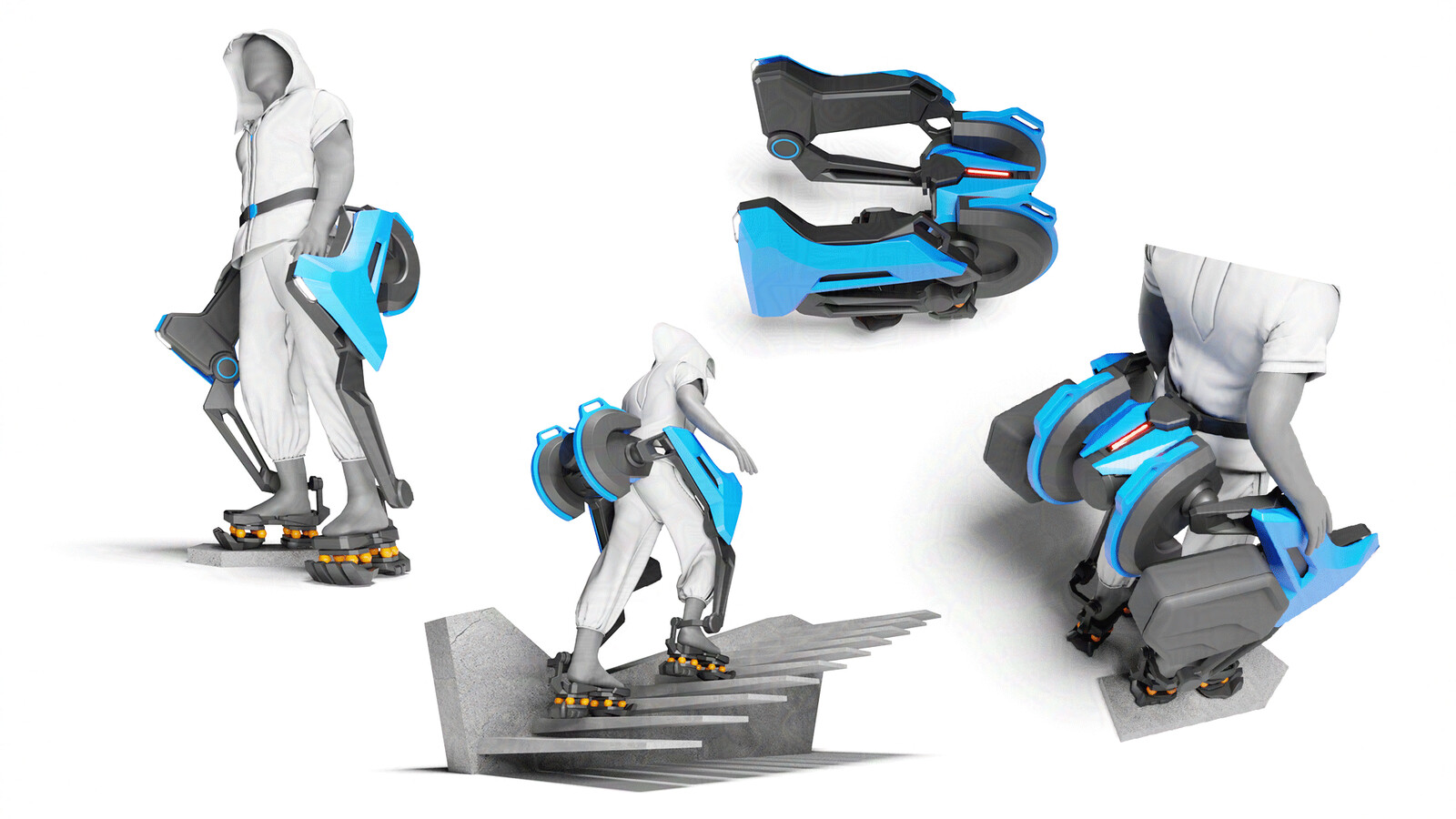 Different views of the vehicle. Folded and with additional storage attached.