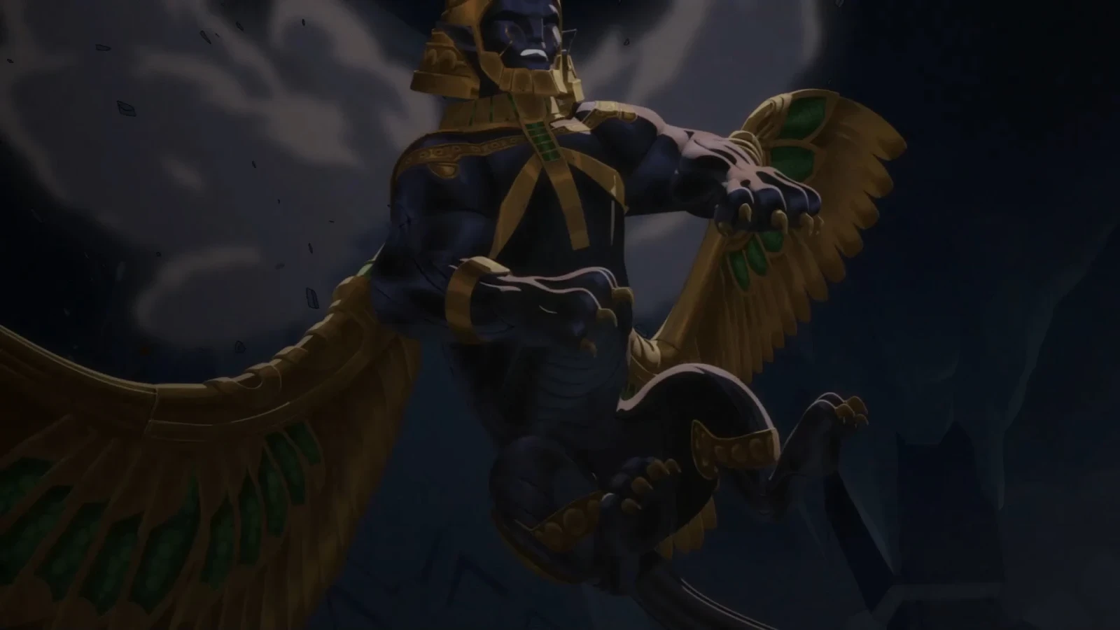 A show still showing his full body as he gets smashed up against a rock wall during a fight.