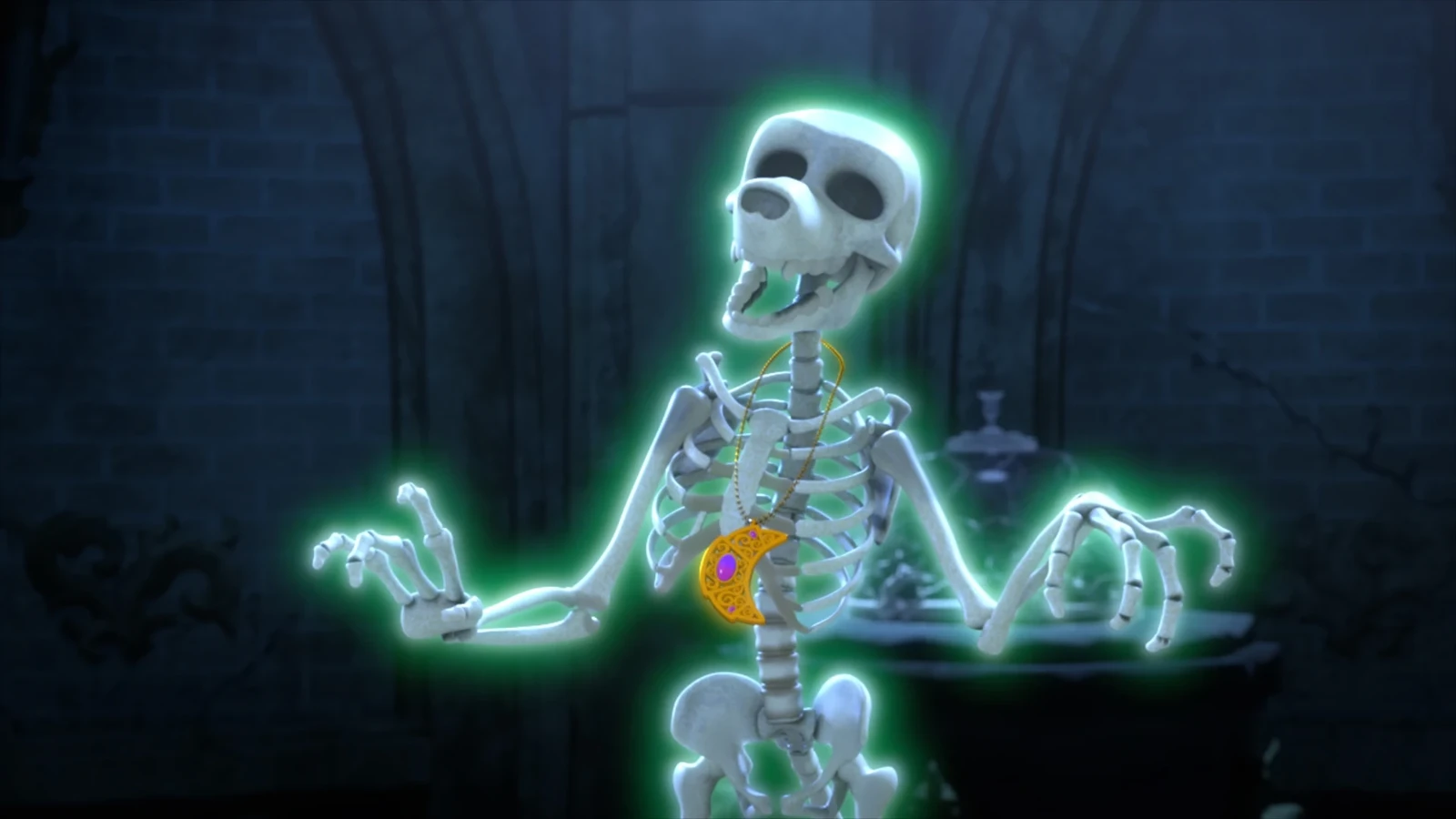 A show still for the skeleton of our lead character, Wolf.  I designed, modeled and created the color concept for this.  It was fun to explore what an accurate (but not terrifying) wolf skull would look like.