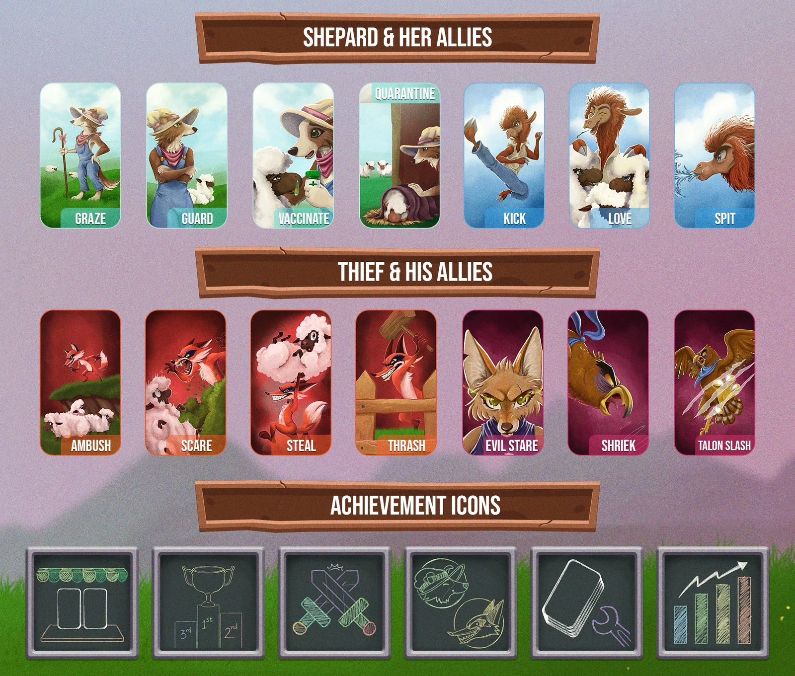 Various cards I illustrated along with some achievement icons