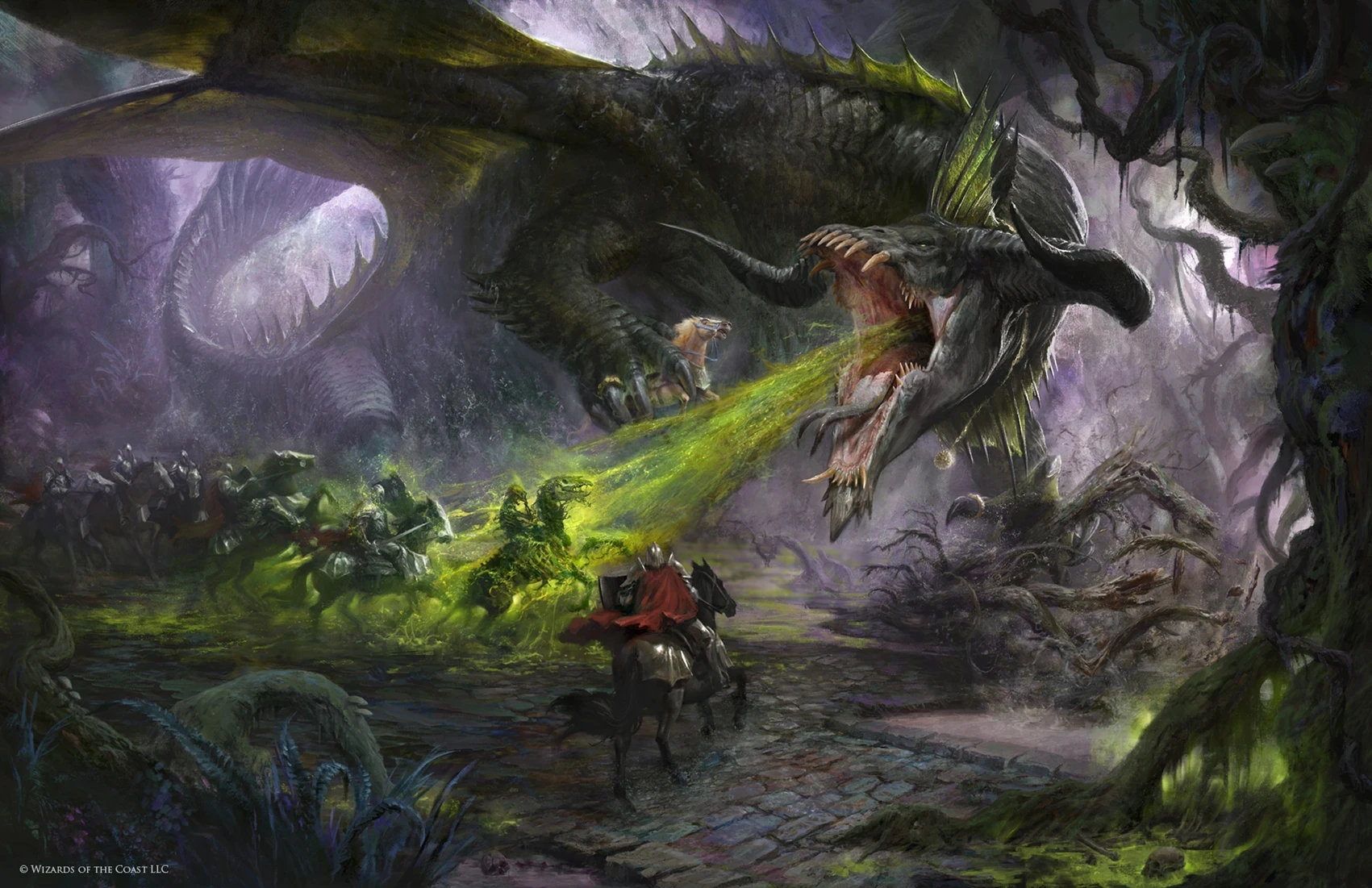 A black dragon acid-bathes some knights