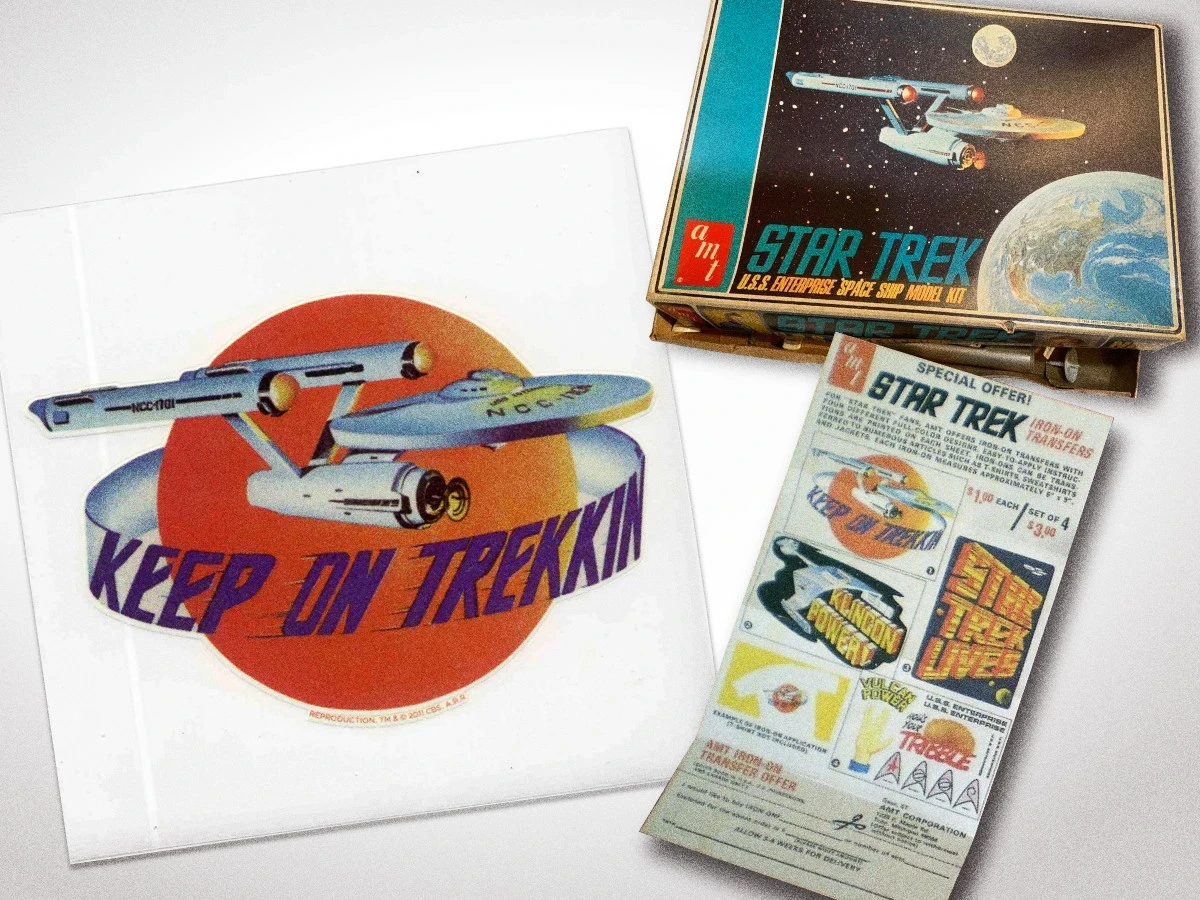 Reference collage of the original iron-on transfer; a box of an Enterprise AMT kit, using the same photo and the leaflet included inside the box showing the different transfers that could be ordered.