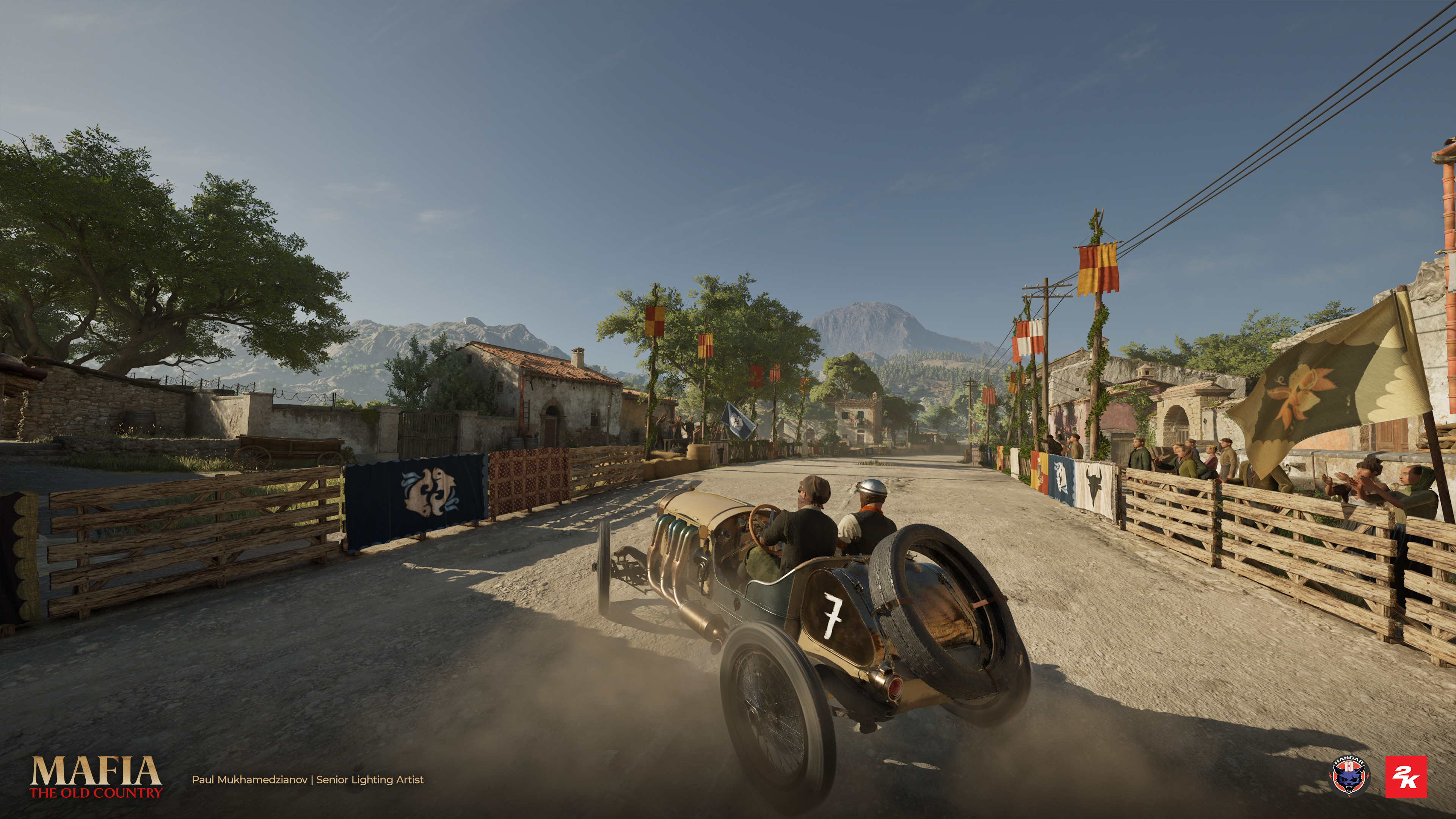 Carefully selected sun angle and localised volumetric dust used, along with other techniques, to convey the speed and excitement of the early car race