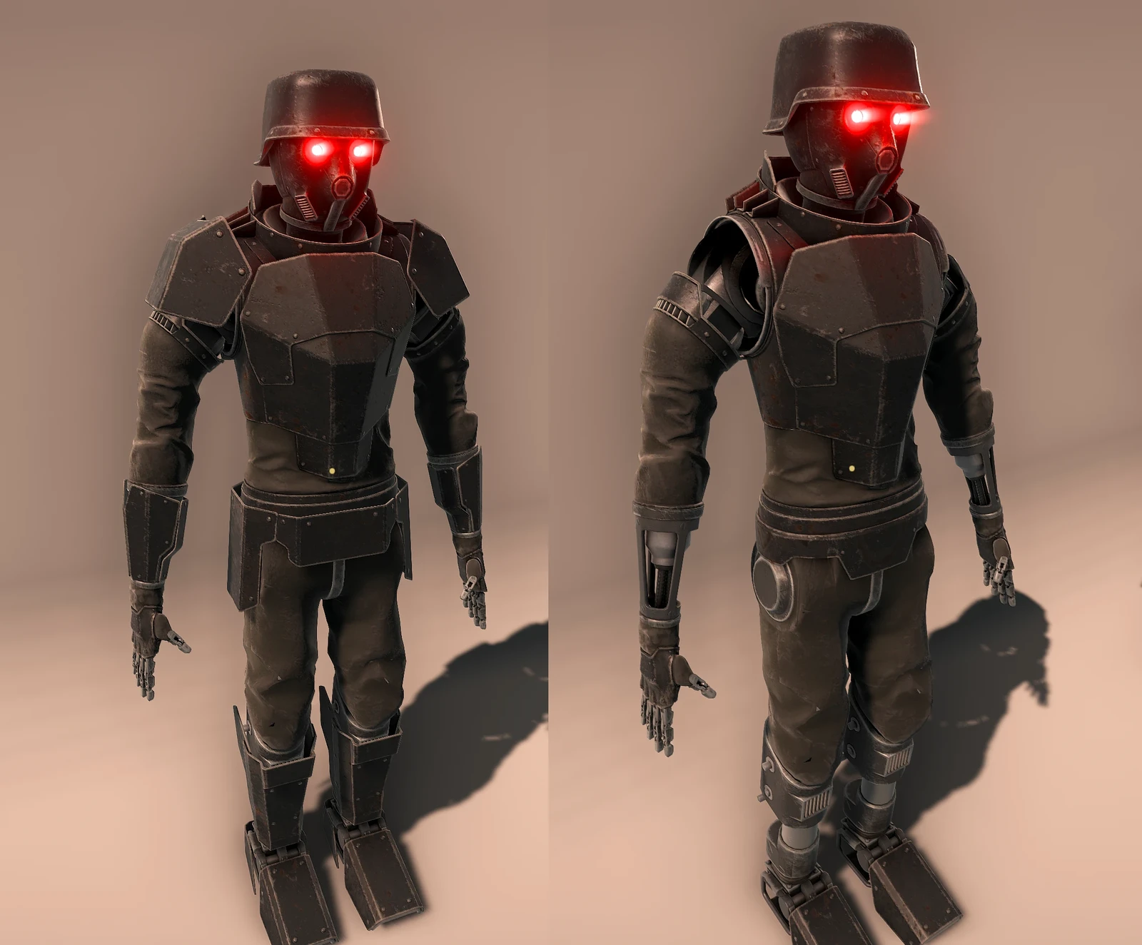 Semi-finalized rig: I-Pose of one of the Soldat.  With and without armor.  This iteration didn't have as much wear and tear as I'd like