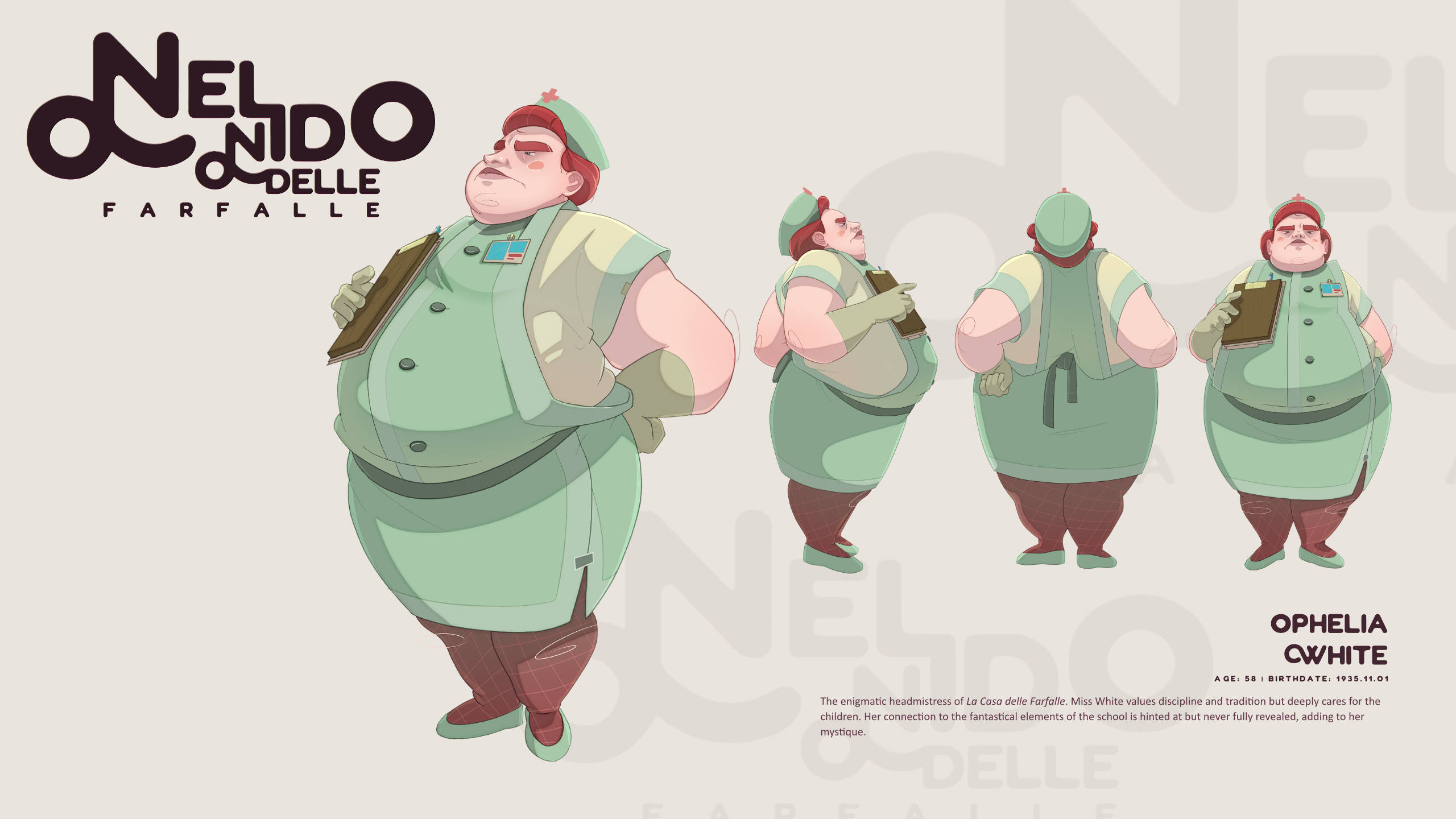 Headmistress Ophelia White
Age: 58 | Birthdate: 1935.11.01

The enigmatic headmistress of La Casa delle Farfalle. Miss White values discipline and tradition but deeply cares for the children. Her connection to the fantastical elements of the school is hin
