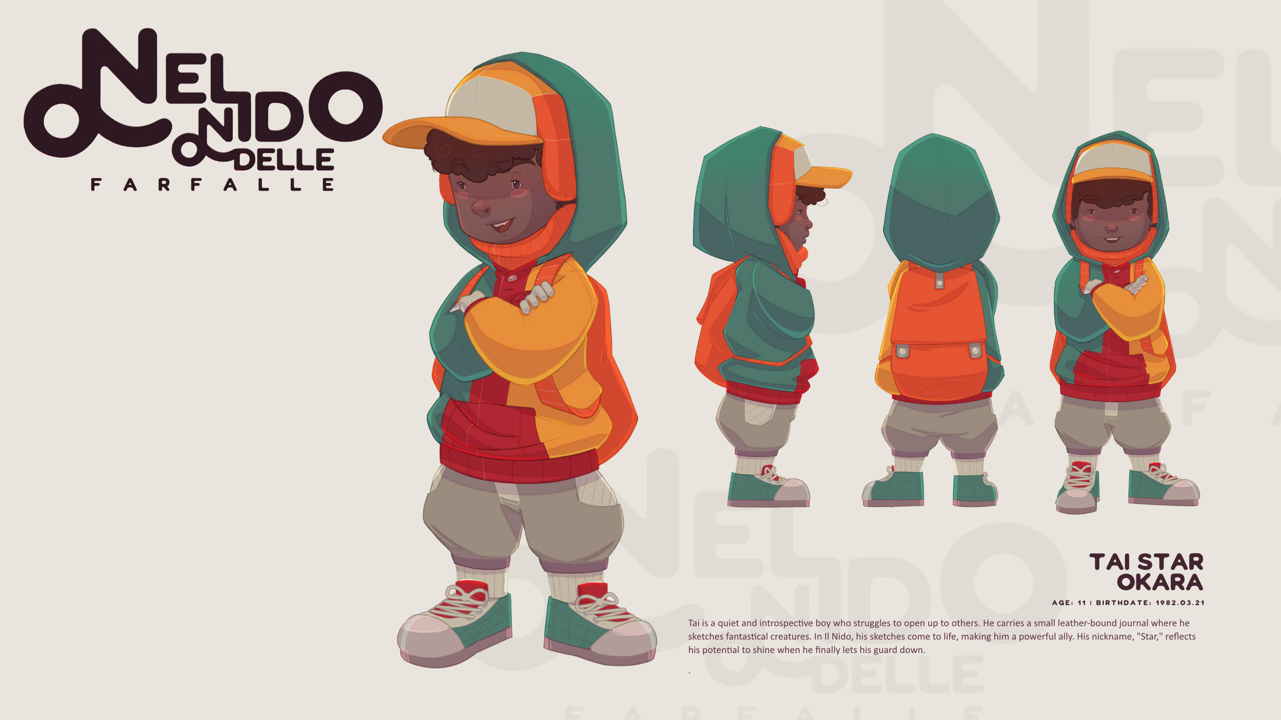 Tai "Star" Okoro
Age: 11 | Birthdate: 1982.03.21

Tai is a quiet and introspective boy who struggles to open up to others. He carries a small leather-bound journal where he sketches fantastical creatures. In Il Nido, his sketches come to life, making him 