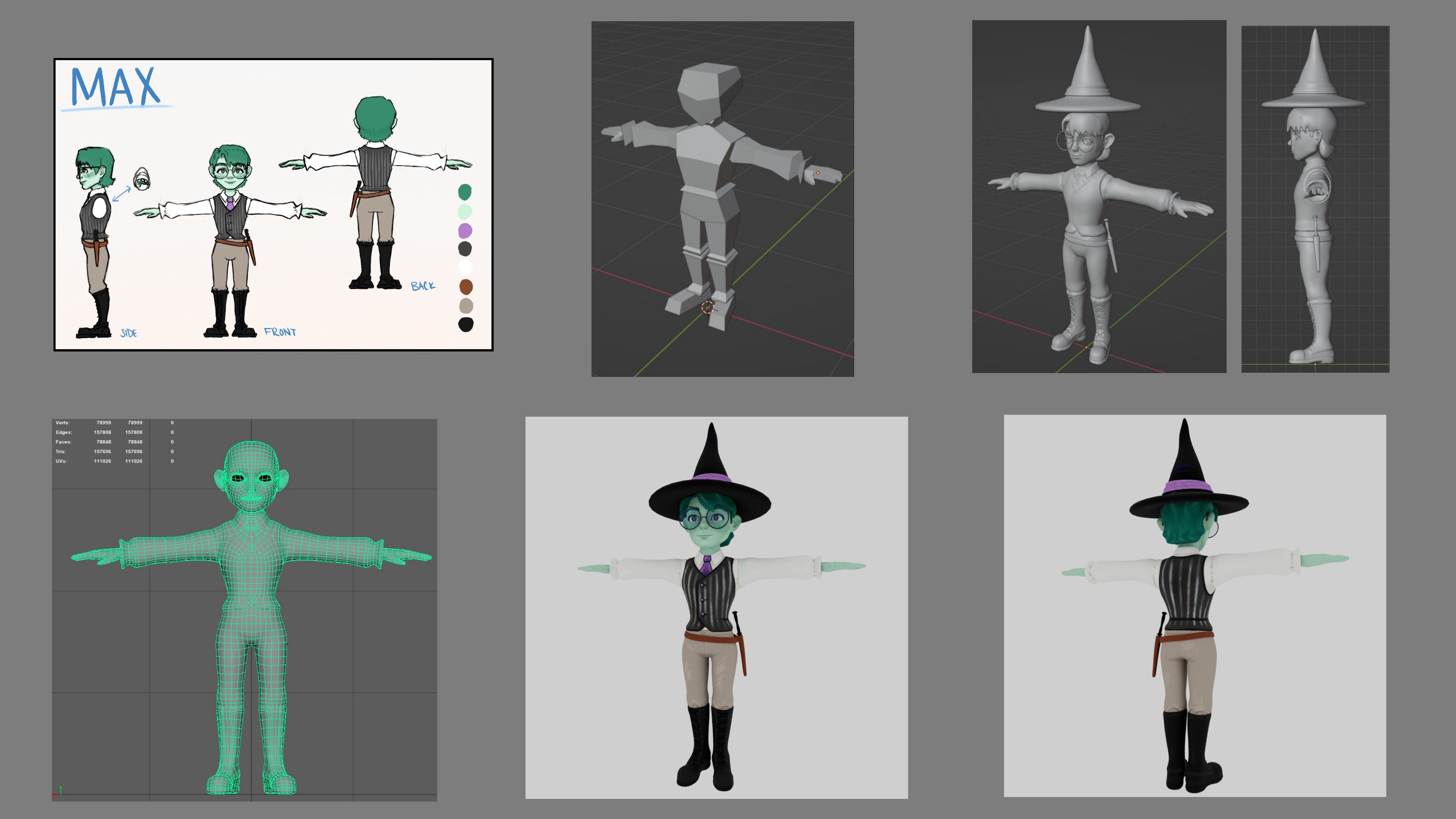 Max Model Progress. Blockout, sculpted model, retopology, and the final model.