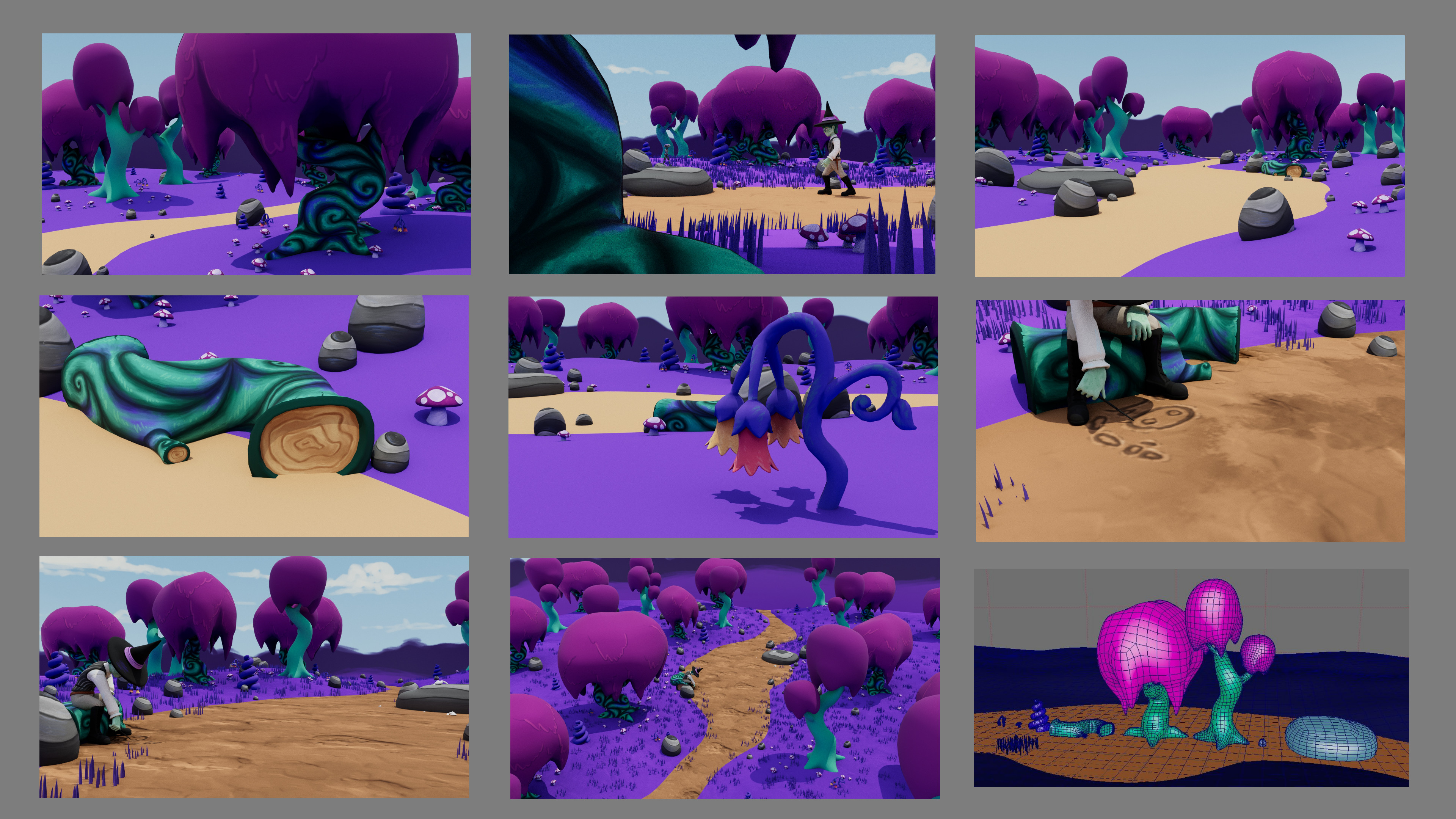Forest Environment shots both in progress and in the final render.