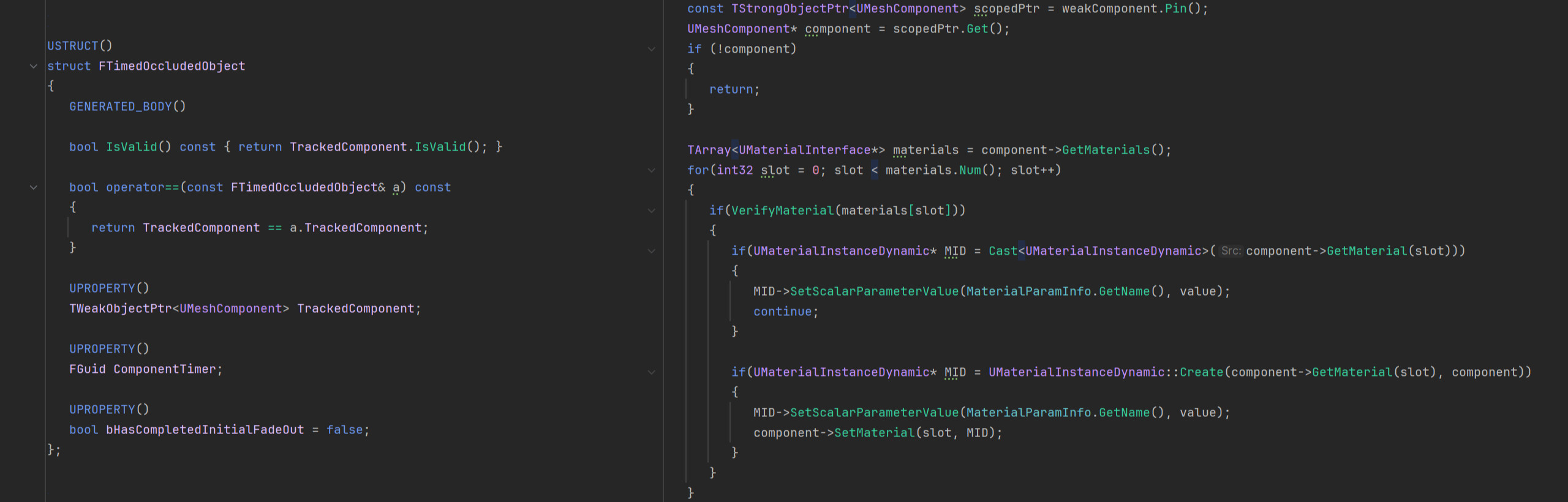 The object type that the camera culling component creates instances of to keep track of what environmental geometry is being affected, as well as the function used to update the dynamic material instance.