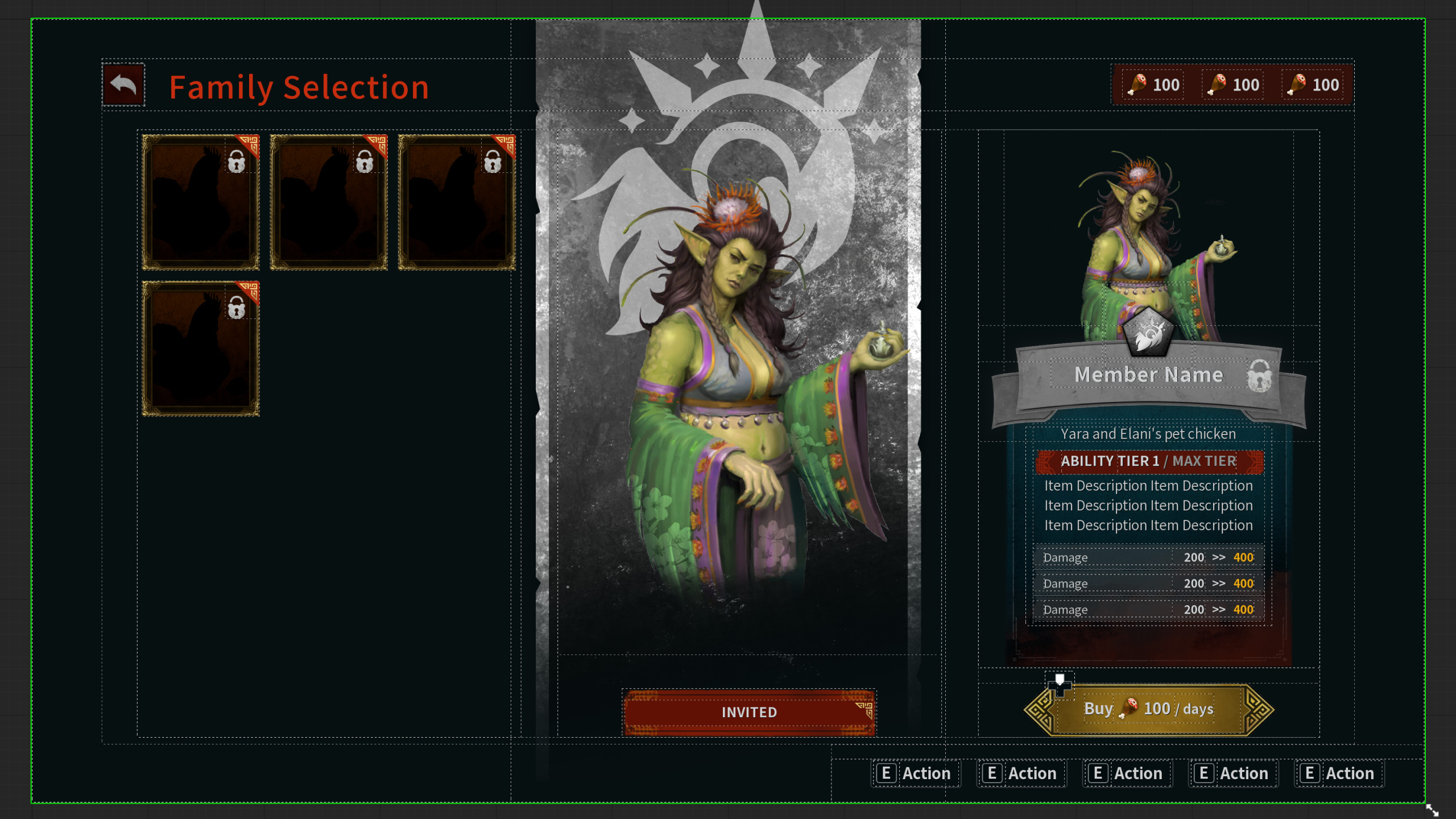 The "Family Selector" widget layout in the Unreal editor.