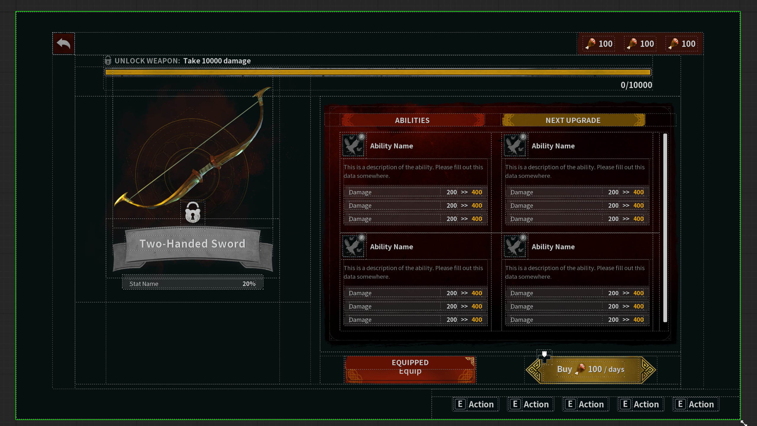 The "Weapon Upgrade" widget layout in the Unreal editor.