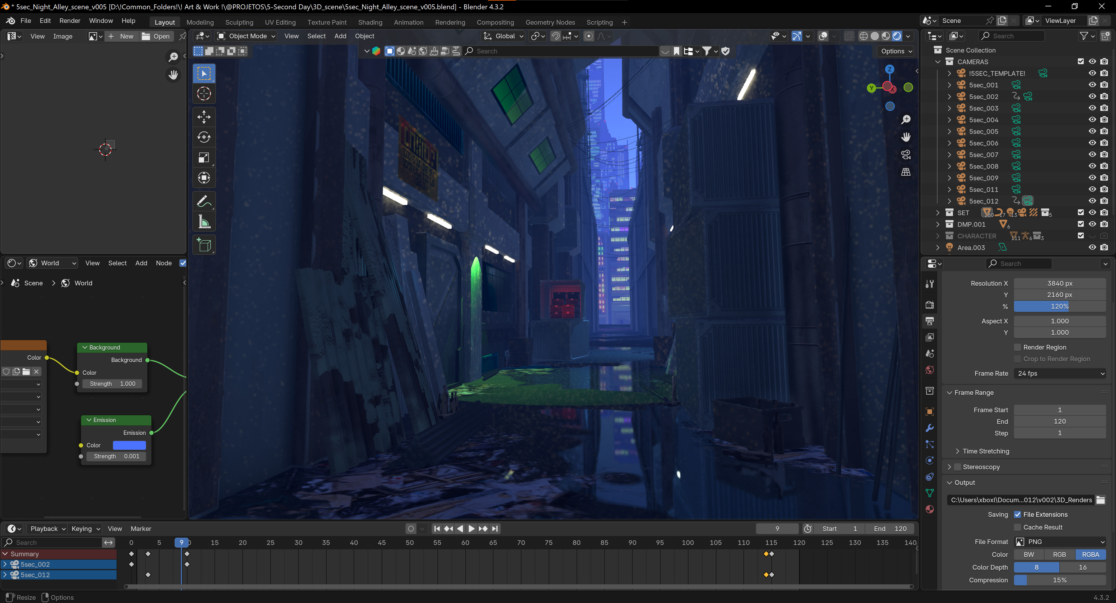 Viewport view of the set. The matte painted extension of the alley works from this angle.