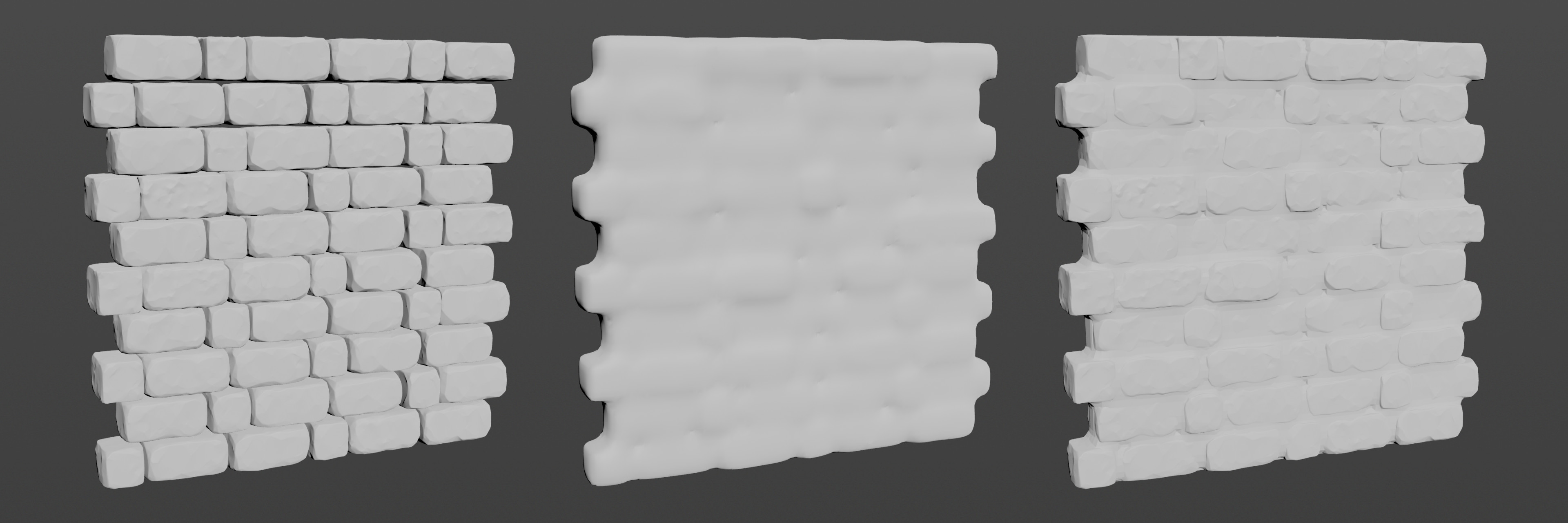 The bricks after iterating through the entire loop, a low-resolution VDB remesh of the bricks to create "mortar", and then merging the bricks and mortar together.