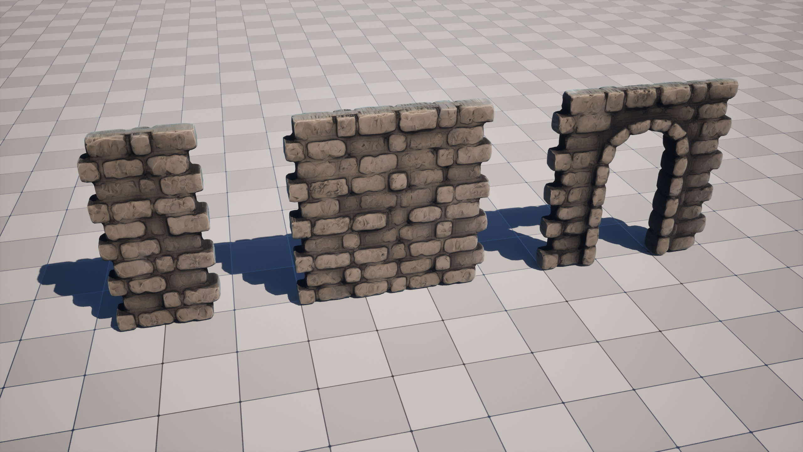 Assets brought into Unreal and using the baked vertex color textures to drive material creation.