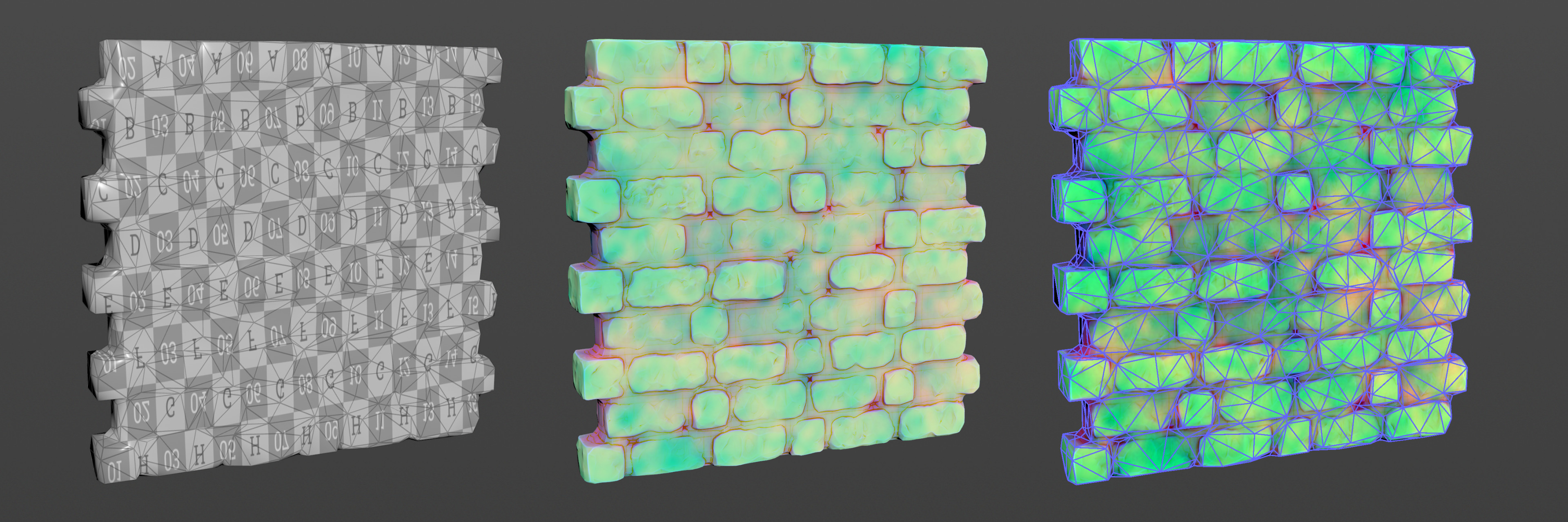 Automated low-poly generation and UV mapping, high resolution vertex color data, and the baked output.