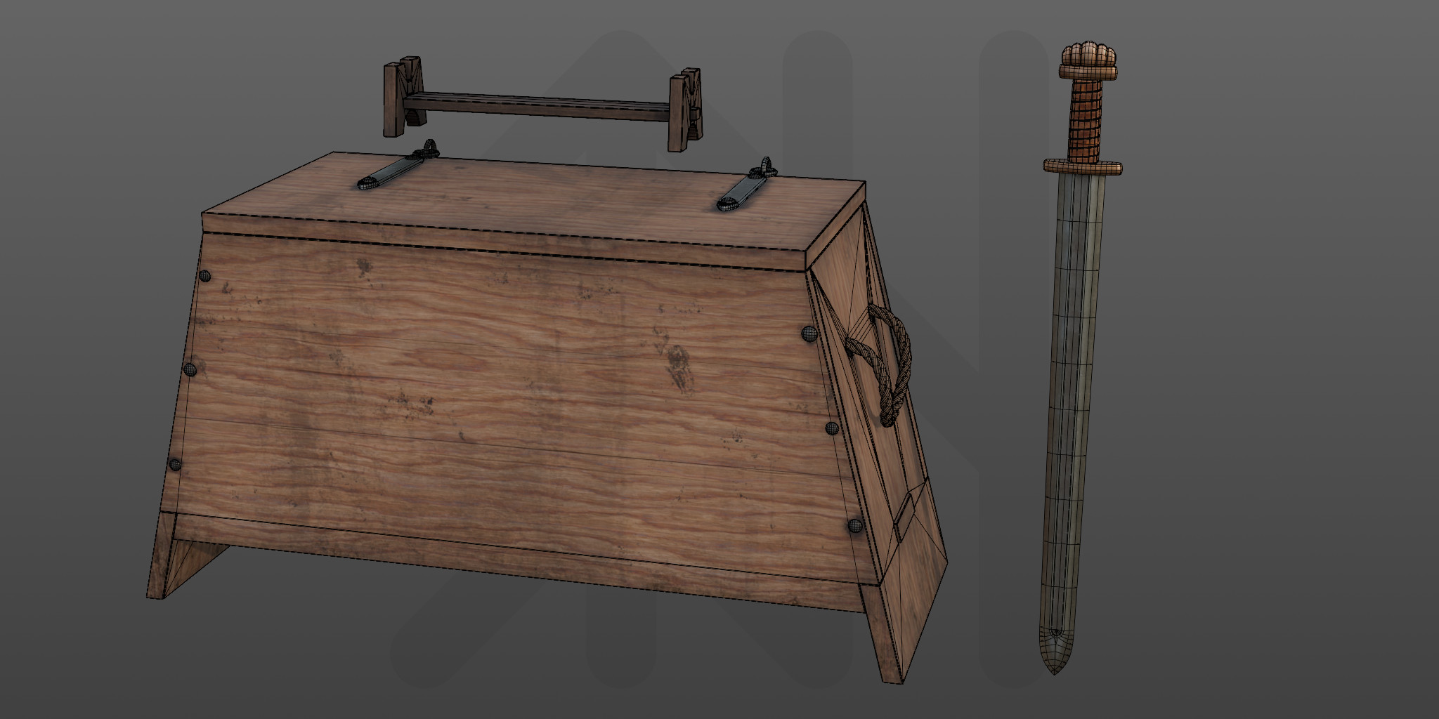 Sword has 4000 tris, while the chest and stand combined have 8000 (not counting procedural rope handles)