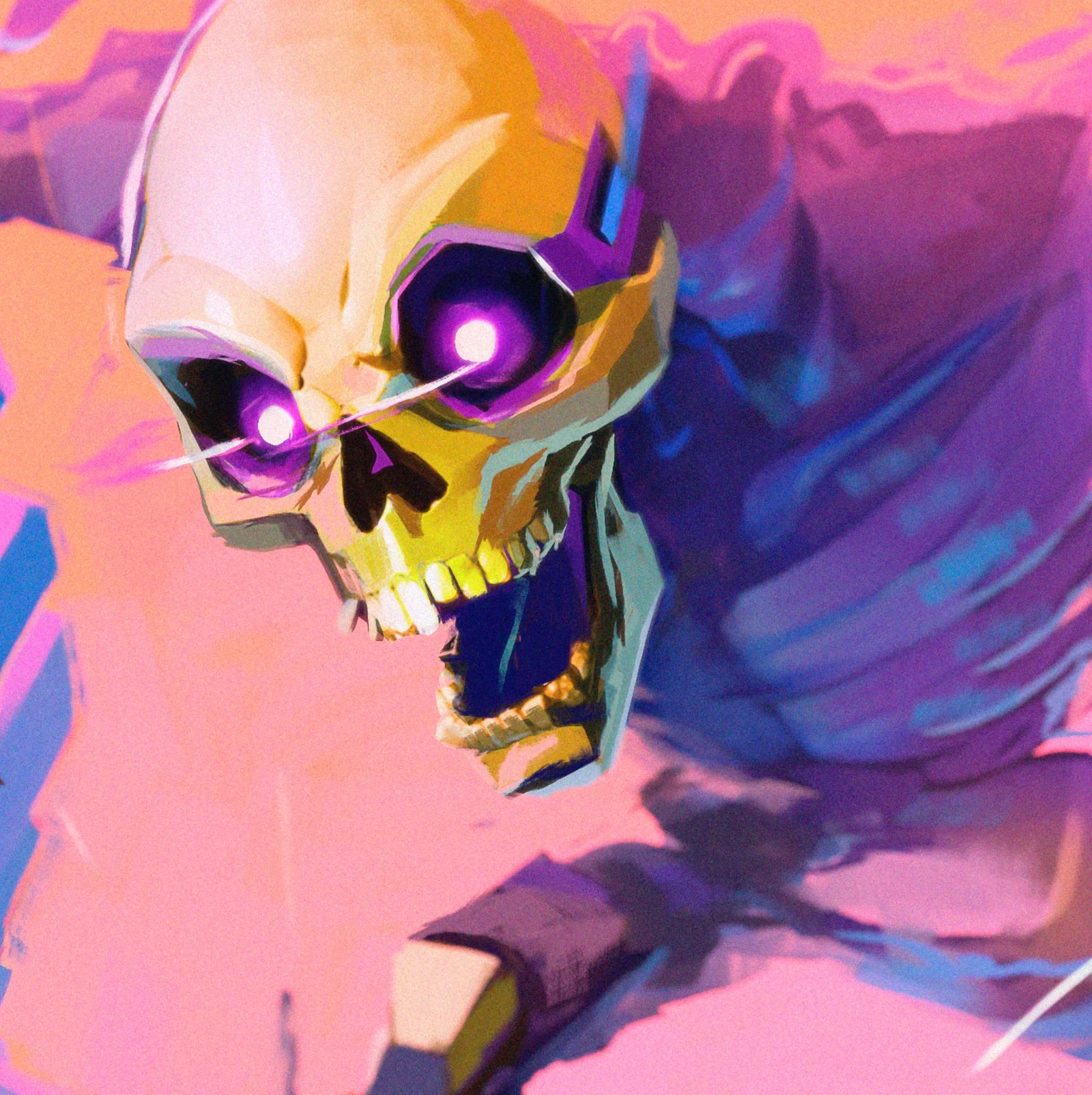 Skull titan Shadow crop; glowing sockets and broken jaw shapes for instant villain read.
