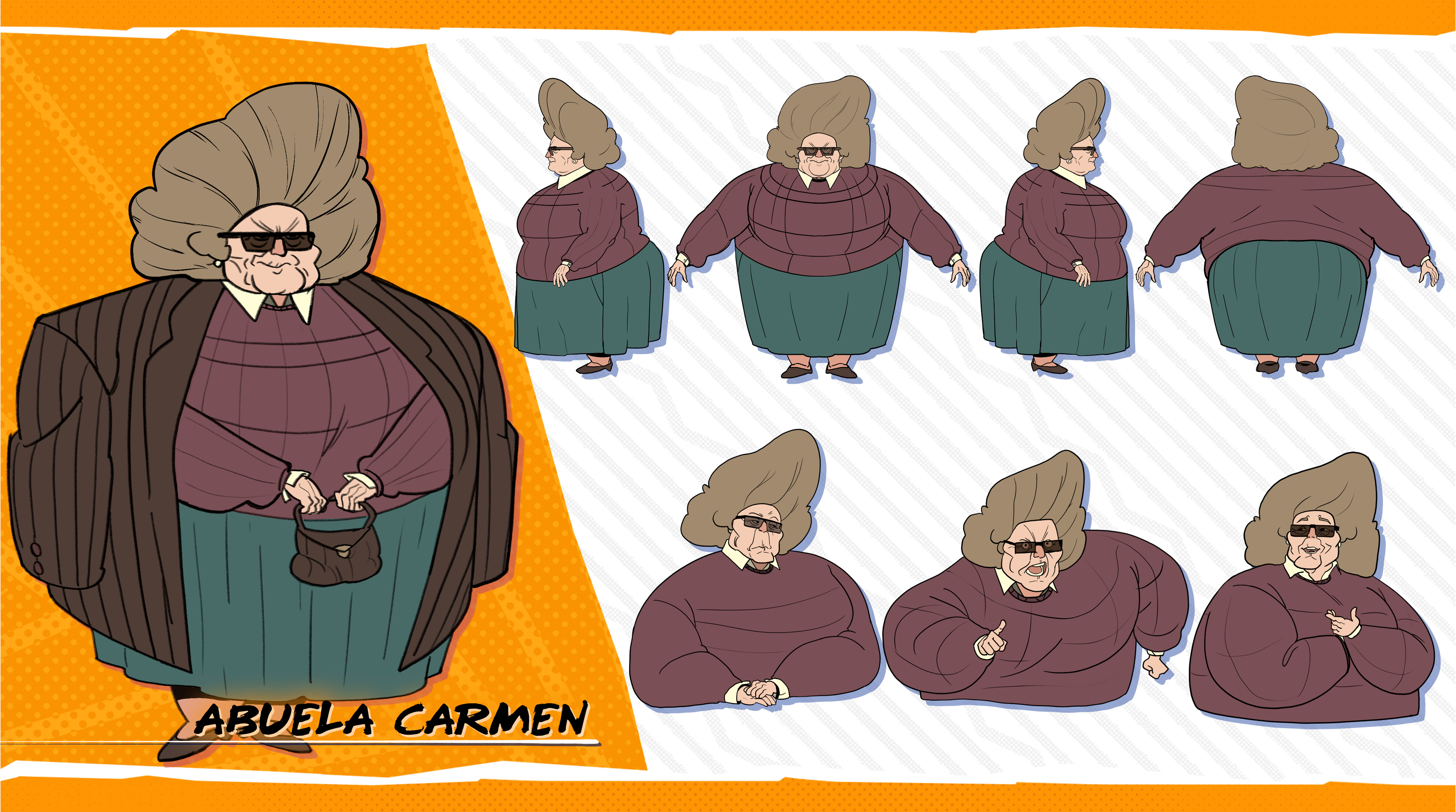 Iaia Carme 8-angle turnaround + acting beats; “gothic arch” massing, knit + coat layering, handbag prop for attitude and scale.