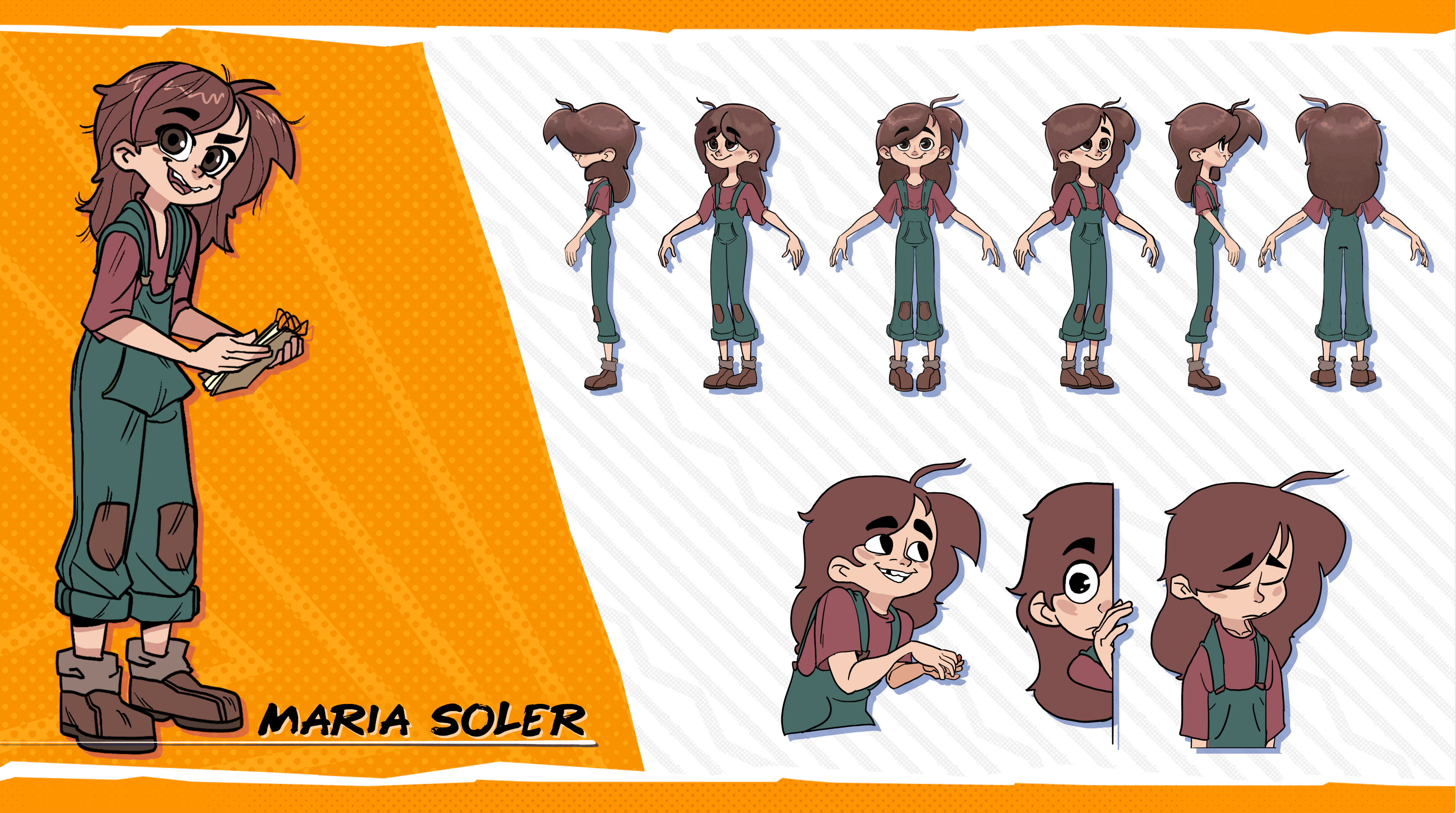 Maria (child) 7-angle turnaround + facial close-ups; overalls with reinforced knees and chunky boots; expression range notes.