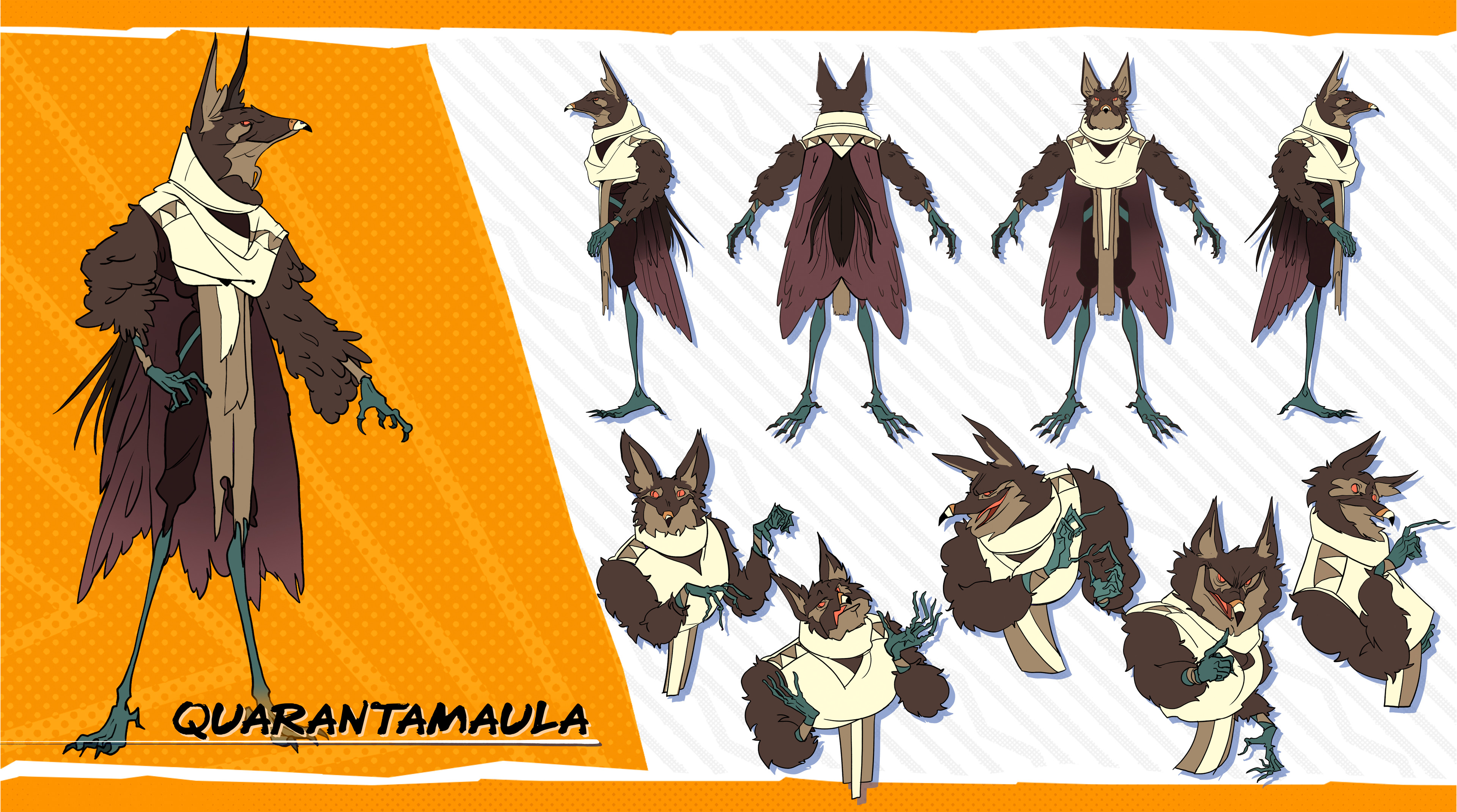 — Quarantamaula 7-angle turnaround + acting; avian legs and raptor talons, feather cloak and cloth bands; aggressive muzzle proportions. 