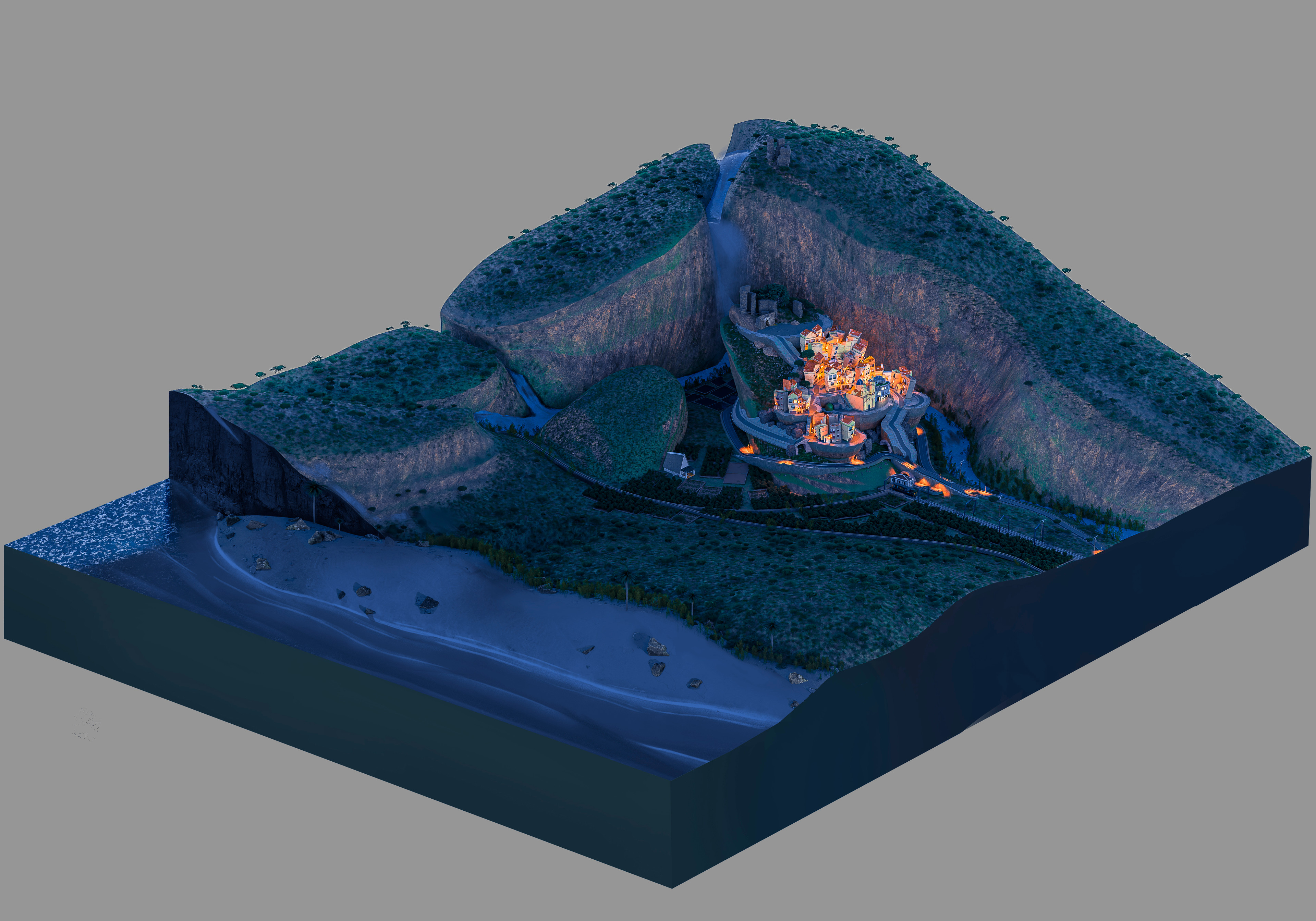 Stylized rural Spanish village diorama, night test.