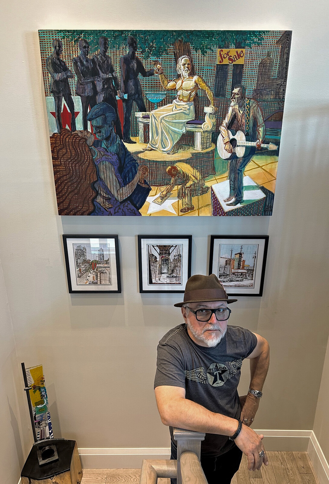 2024, Me with THE HUMILiATION OF SOCRATES,  36 x 48 inches and 3 urban drawings installed in a private collection. Niagara on the Lake.
