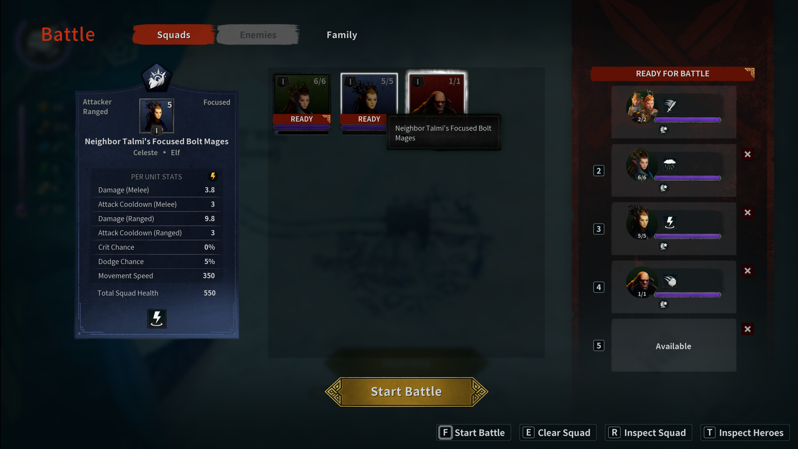 The "Squad Selector" screen where you can choose which units to send into battle and compare stats.