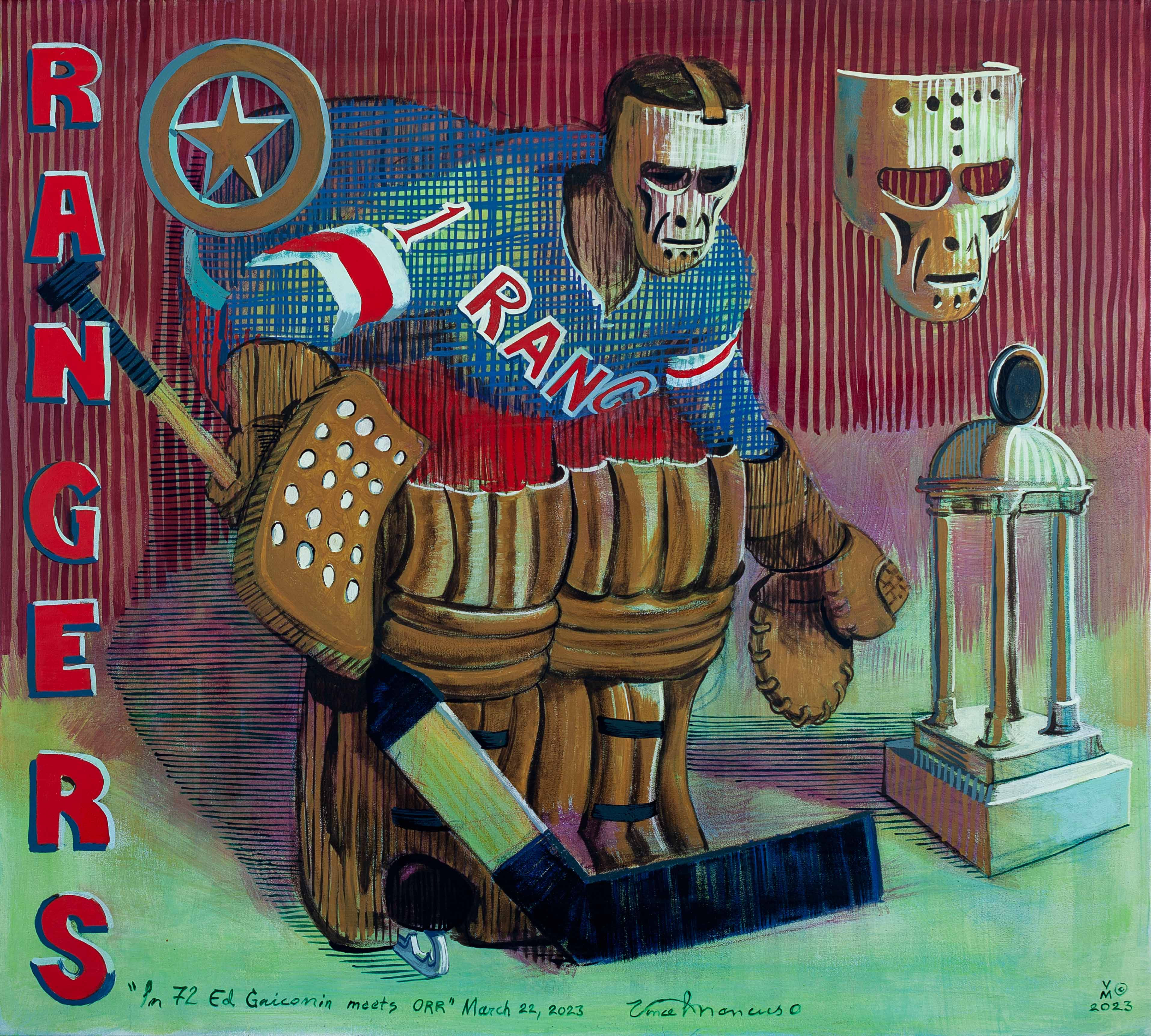 2023, ED GIACOMIN, from the Sacred Goalies series, 36X40 inches, acrylic on canvas.