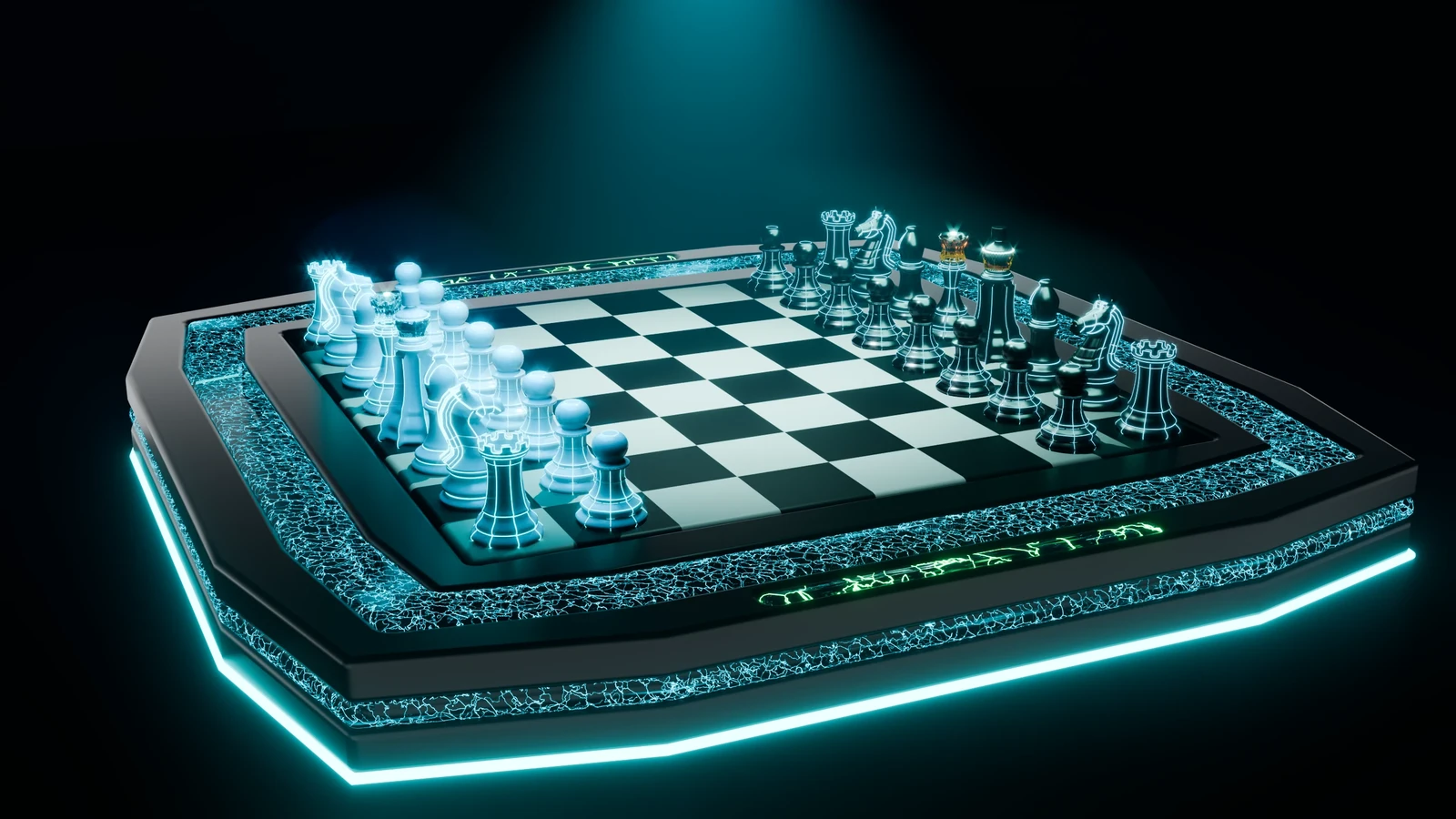 A futuristic holographic chess board designed and rendered in Blender — all assets, materials, lighting, and compositing fully created by me.
