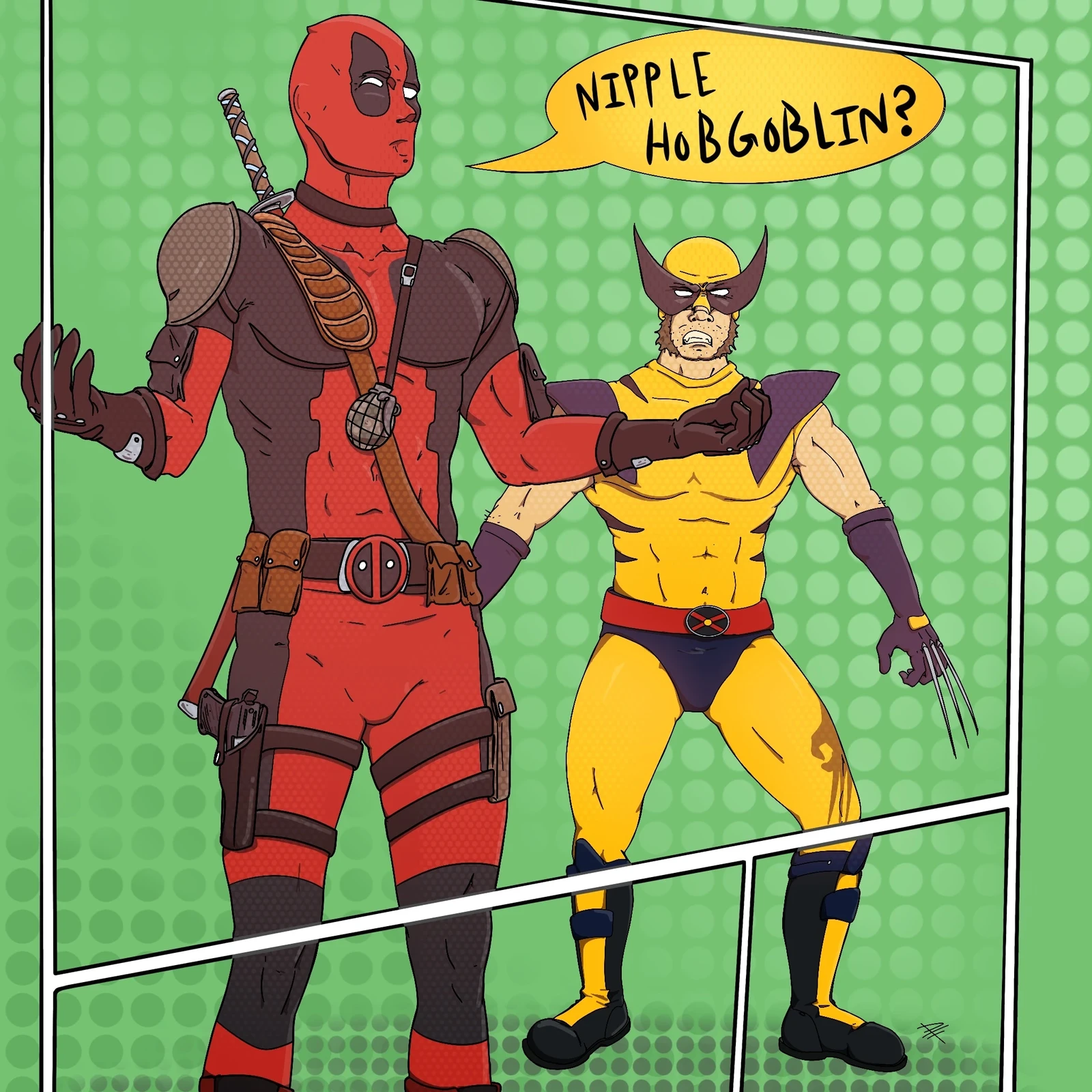 Deadpool says a weird thing and annoys a very ugly Wolverine. Fan art.