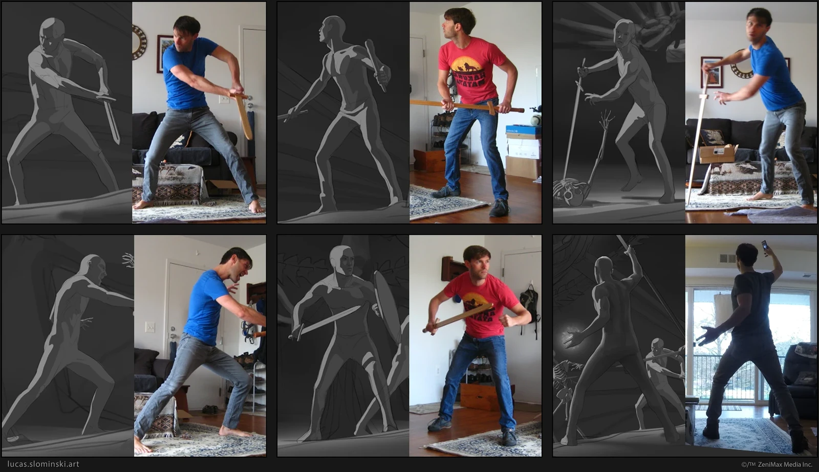 I often use myself as a reference model early on. Since I have some idea of the mood I want to convey in each pose, I can inhabit the characters myself without having to direct a model who doesn't have a full understanding of my goals.