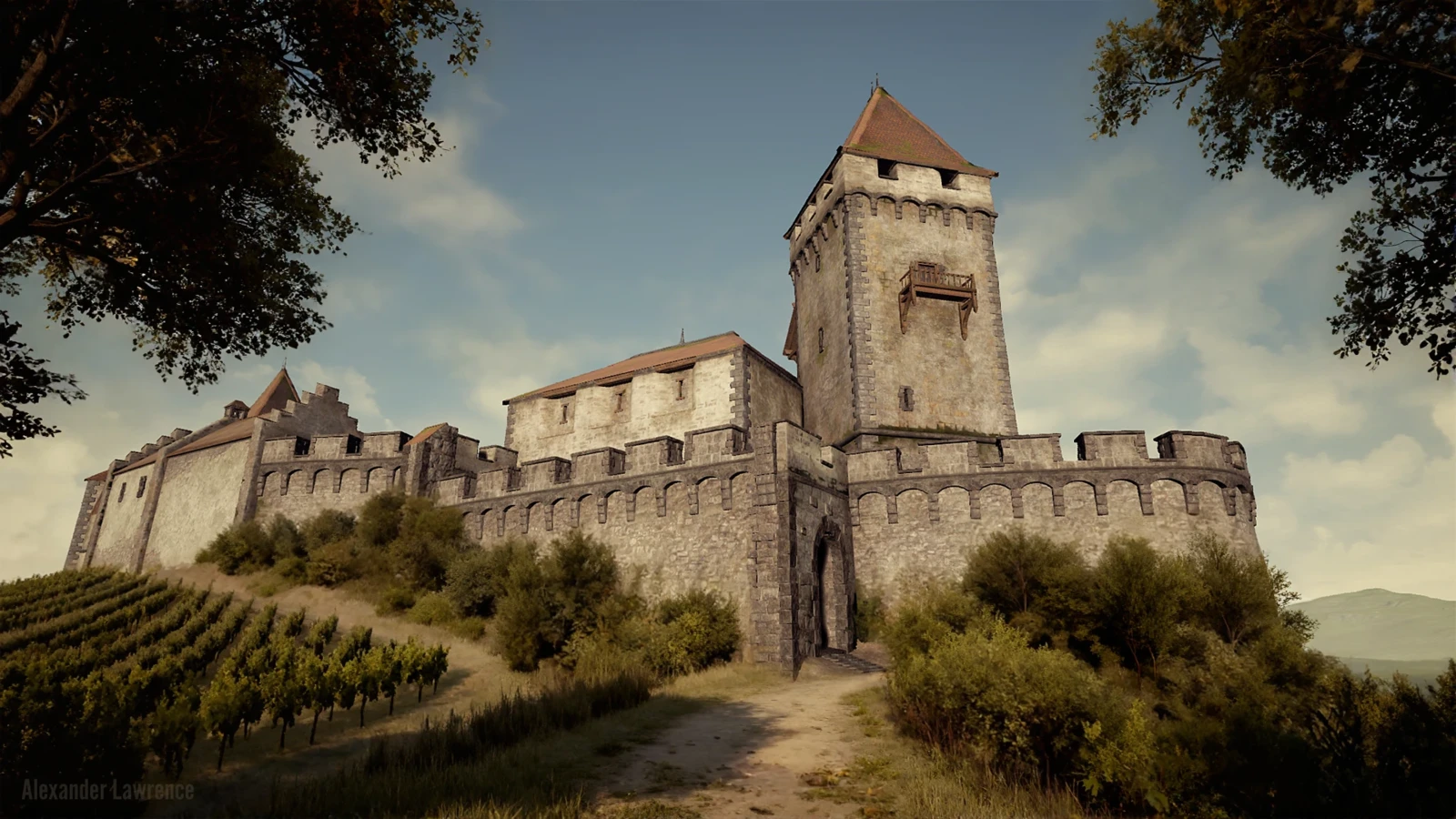 The castle, distant terrain, and sky were rendered in Unreal Engine. The foliage and footpath are a matte painting.