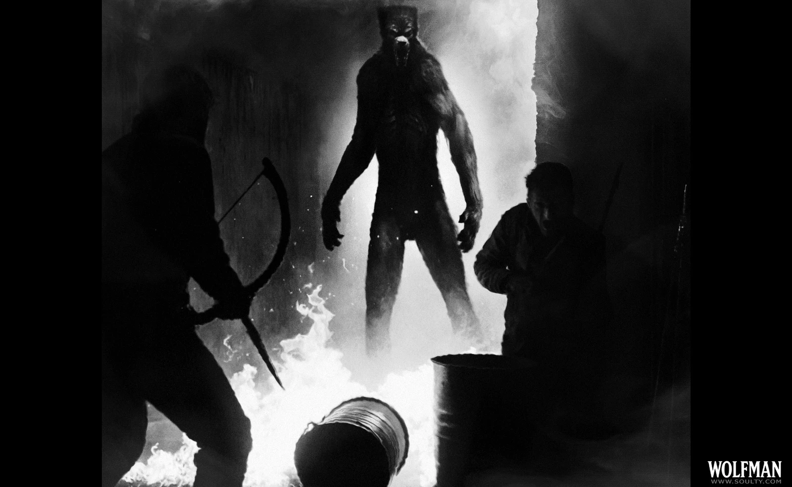Second contact. In the burning tunnels beneath the city, the Wolfman towers over intruders.