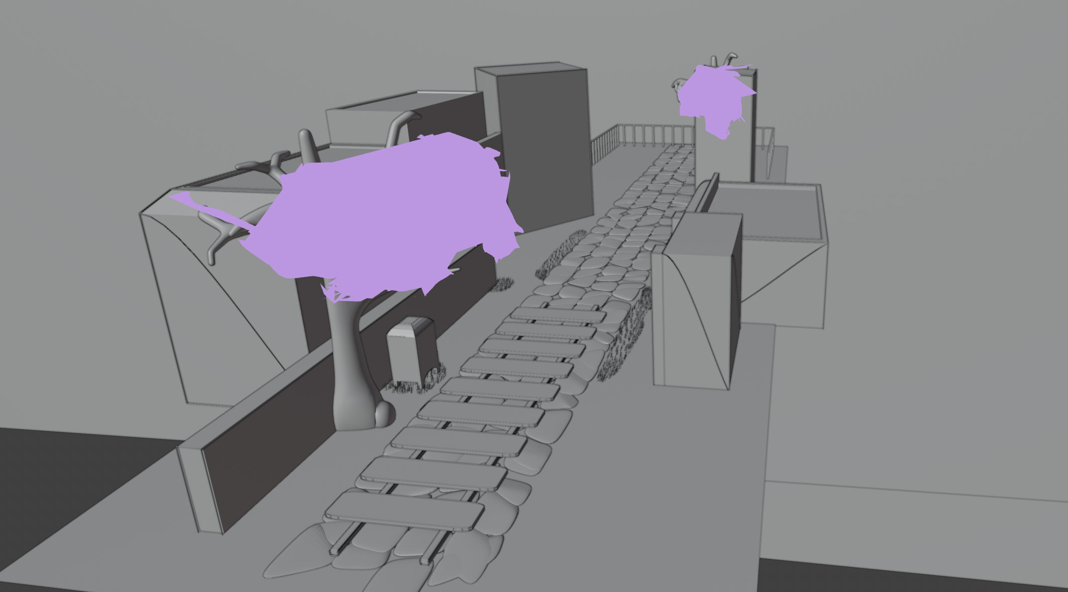 The first 3D environment's material was primarily shading nodes with custom colour mapping, along with grease pencil. The growing grass was done using geonodes.