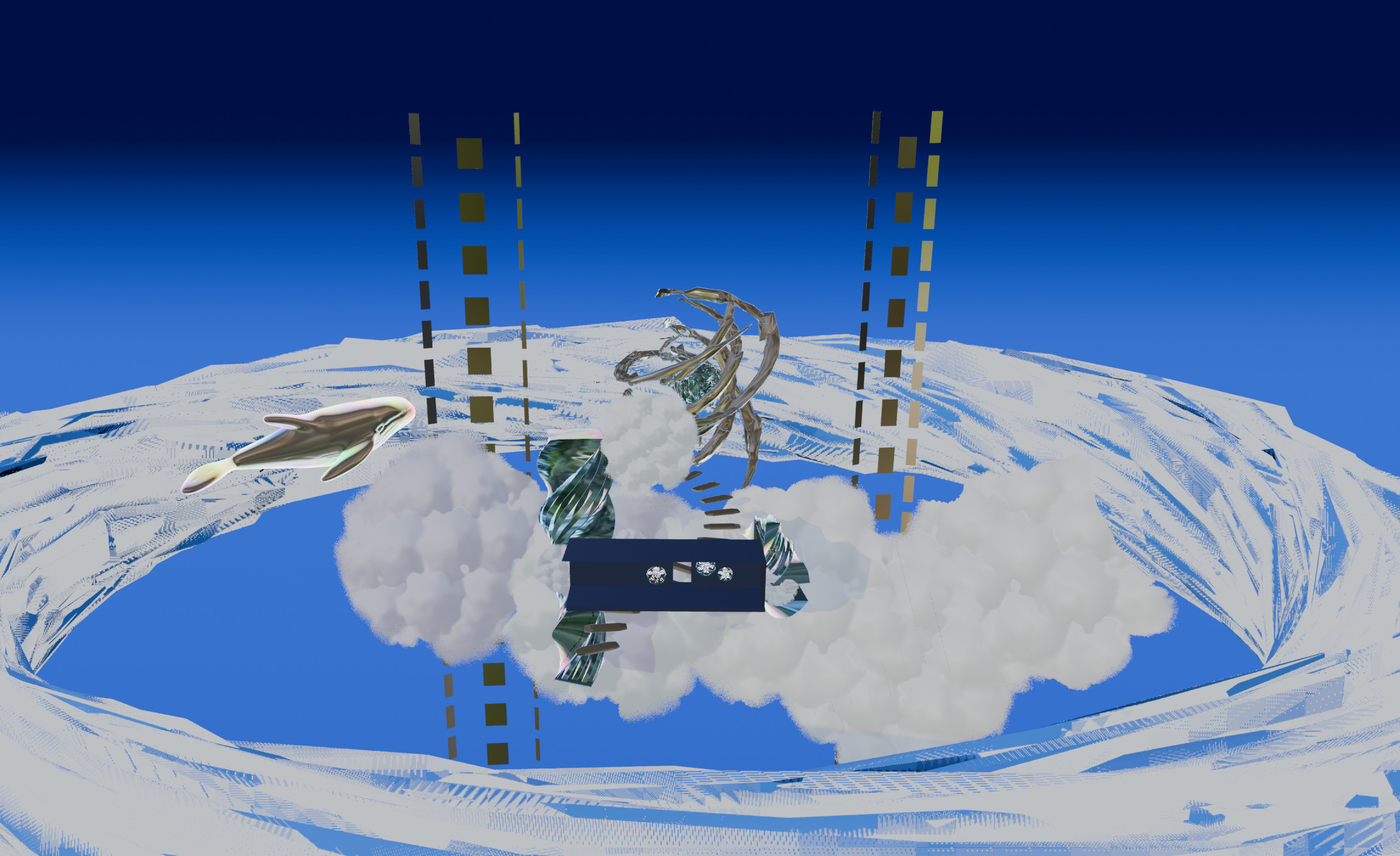 I wanted to give a futuristic feel to this environment without the use of neon lights, so I played more with abstract modelling and added outlines to glass materials to bring it back to the illustrative motif of the project.