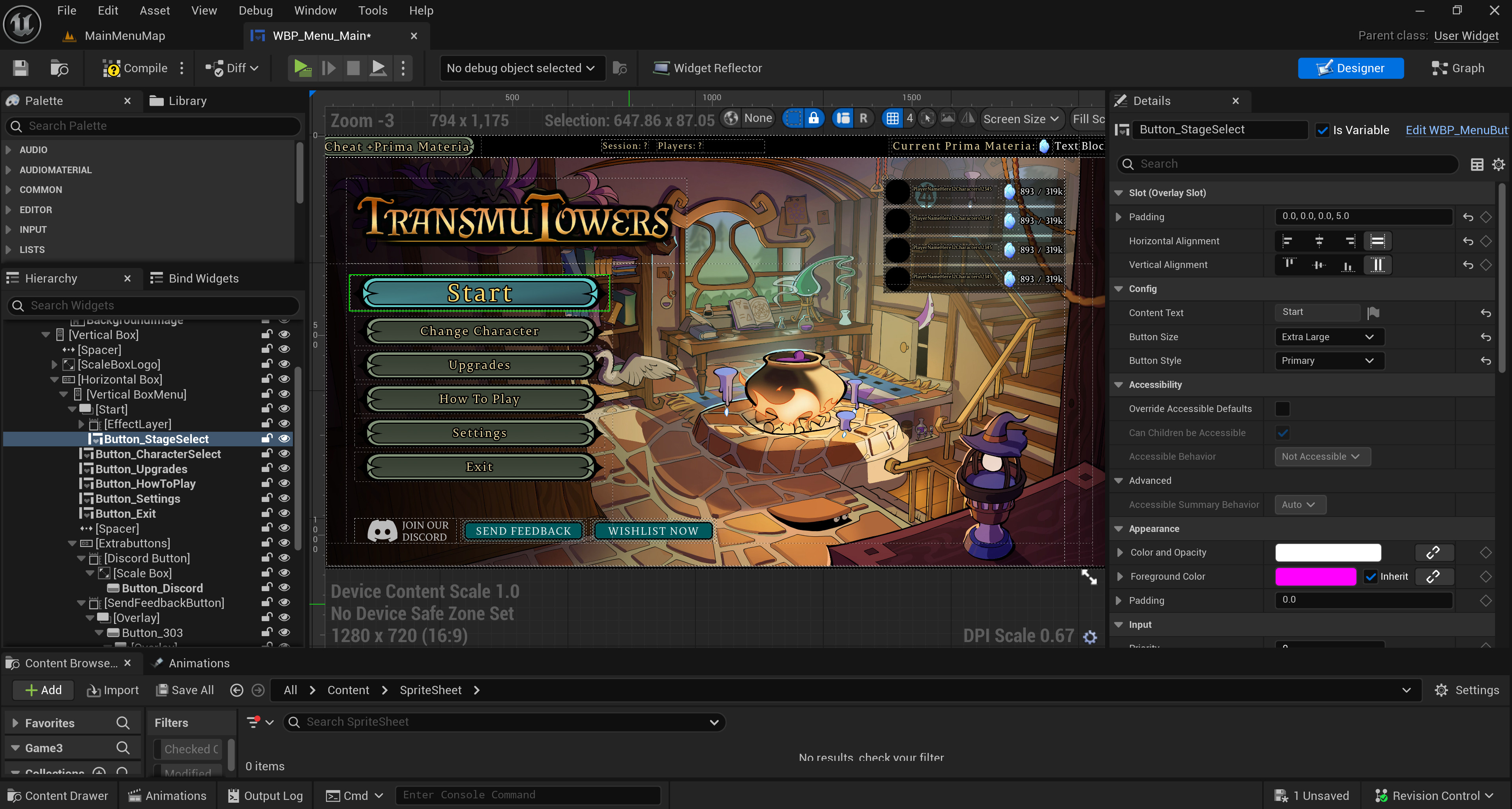 MainMenu setup in UE5 and how it was structured using UMG.