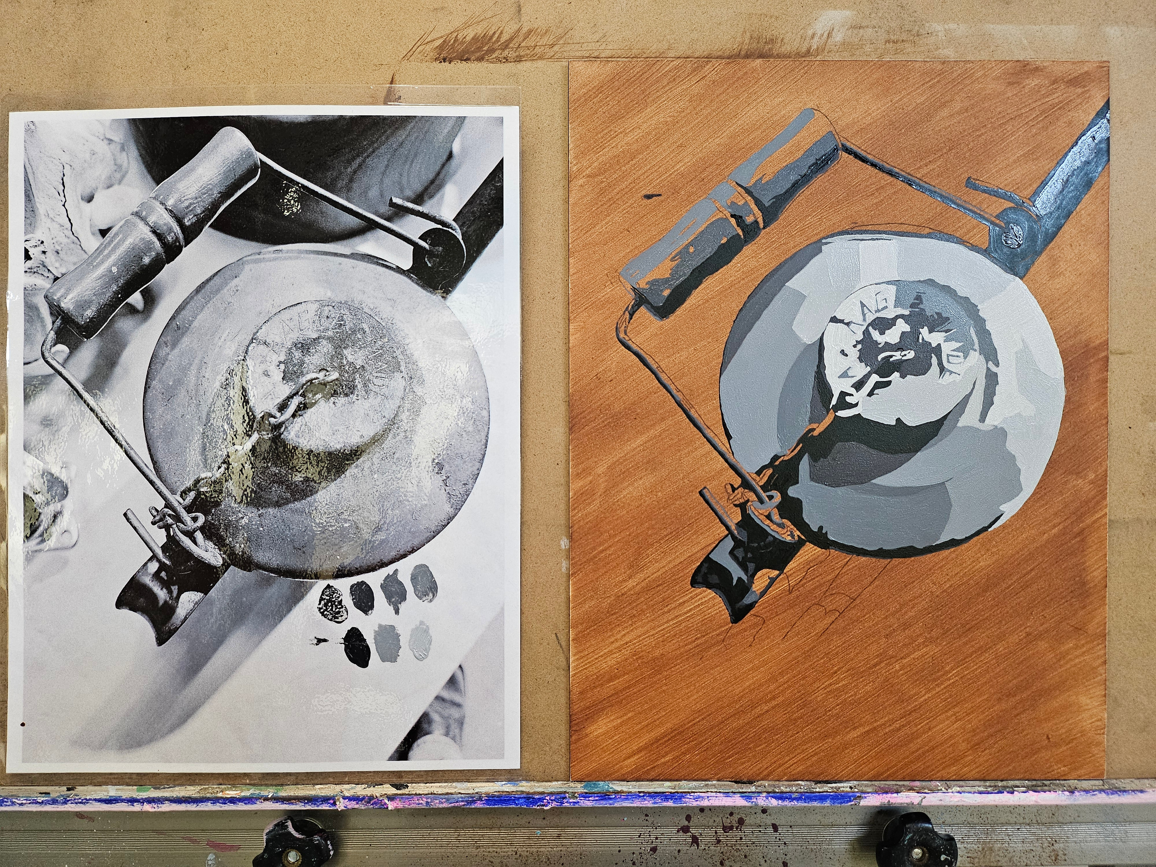 Still life, tin can, oil on panel, reference