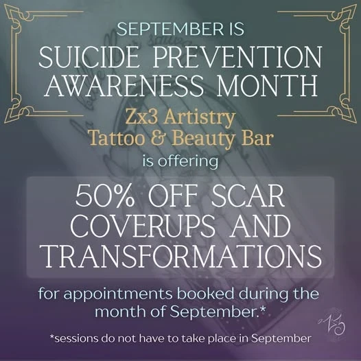 Suicide Prevention Awareness Month promotional post. Tattoo in the background by Zoe Litz. 