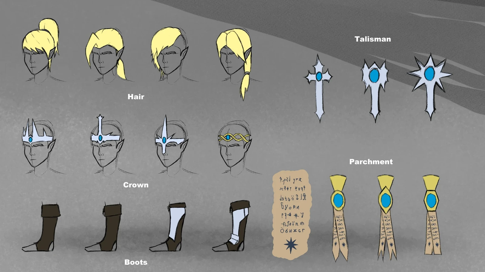 Variations of elements the main character's attire.